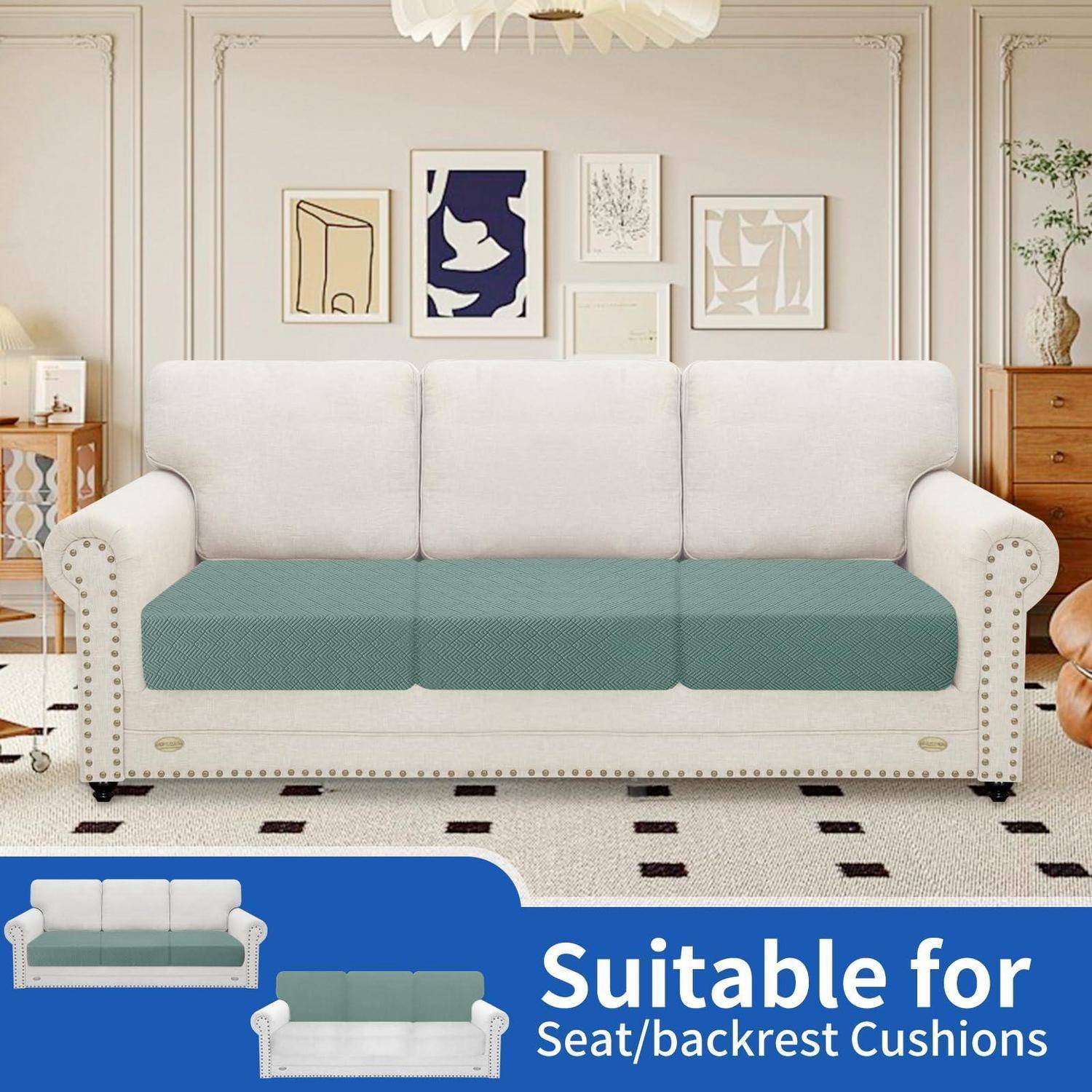Weiß dreisitziges Sofa mit petrolblauen Sitzkissen in einem Wohnzimmer, gezeigt mit dem Text "Geeignet für Sitz-/Rückenlehnen-Kissen"" darunter.