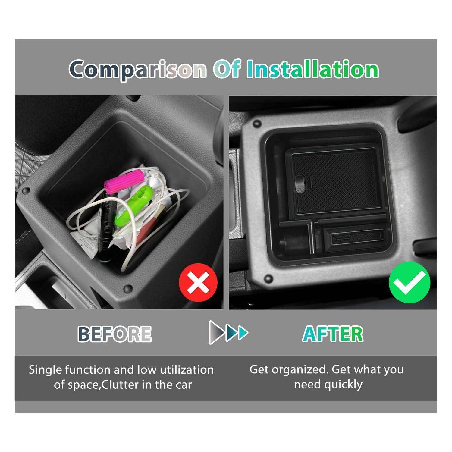 Vergleich einer Installation, die ein unordentliches Aufbewahrungsfach im Auto vorher und ein organisiertes Aufbewahrungsablage nachher zeigt, mit den Texten "Vorher"" und ""Nachher"".