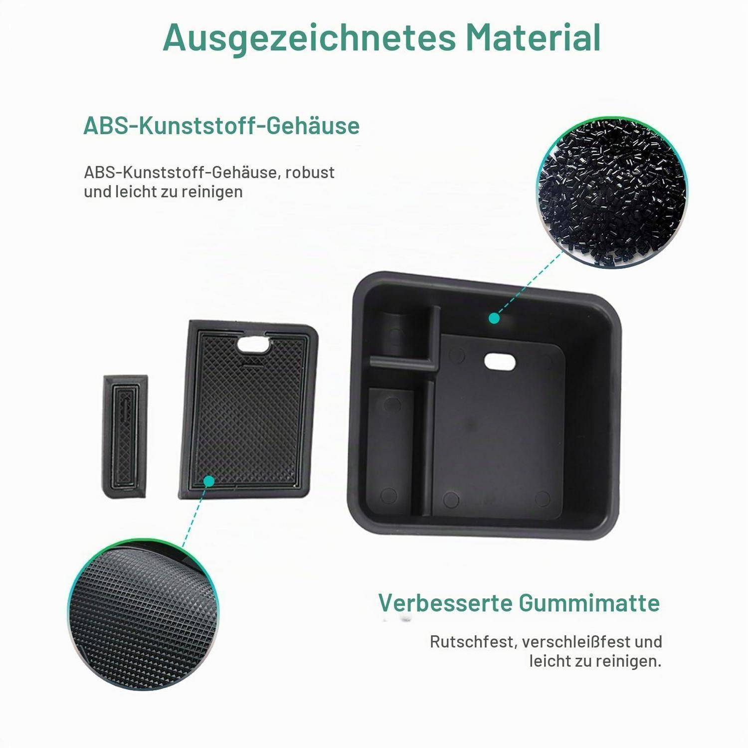 Infografik eines Produkts mit "Ausgezeichnetes Material"": ABS-Kunststoffgehäuse und ""Verbesserte Gummimatte"": rutschfest, verschleißfest, leicht zu reinigen.