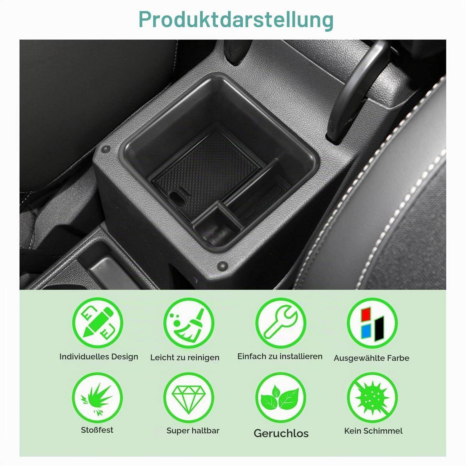 Lagereinheit für Autoinnenraum, die in einer Produktpräsentation gezeigt wird, mit Symbolen, die kundenspezifisches Design, einfache Reinigung, einfache Installation, ausgewählte Farbe, Schlagfestigkeit, Langlebigkeit, geruchloses Material und Schimmelbeständigkeit hervorheben.