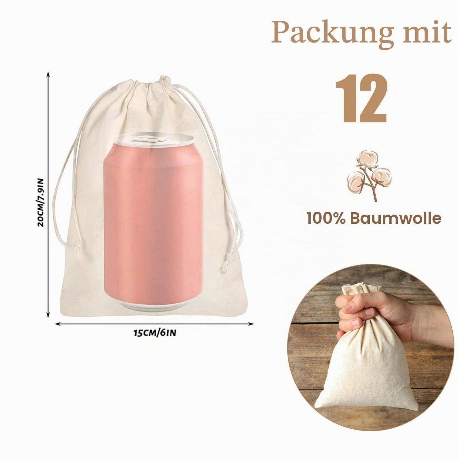 Produktgrafik, die einen Baumwoll-Zugbeutel um eine Dose zeigt, mit der Aufschrift 