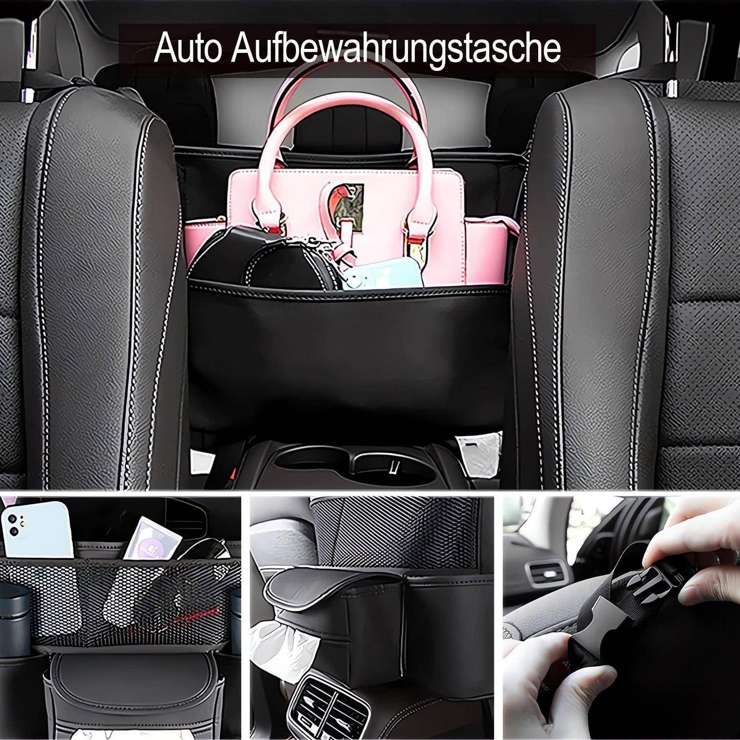 Collage mit einer Autositz-Rückseiten-Aufbewahrungstasche und Organizertaschen, die eine Handtasche, ein Telefon und kleine Gegenstände enthält, mit Nahaufnahmen der Montage und Verwendung.