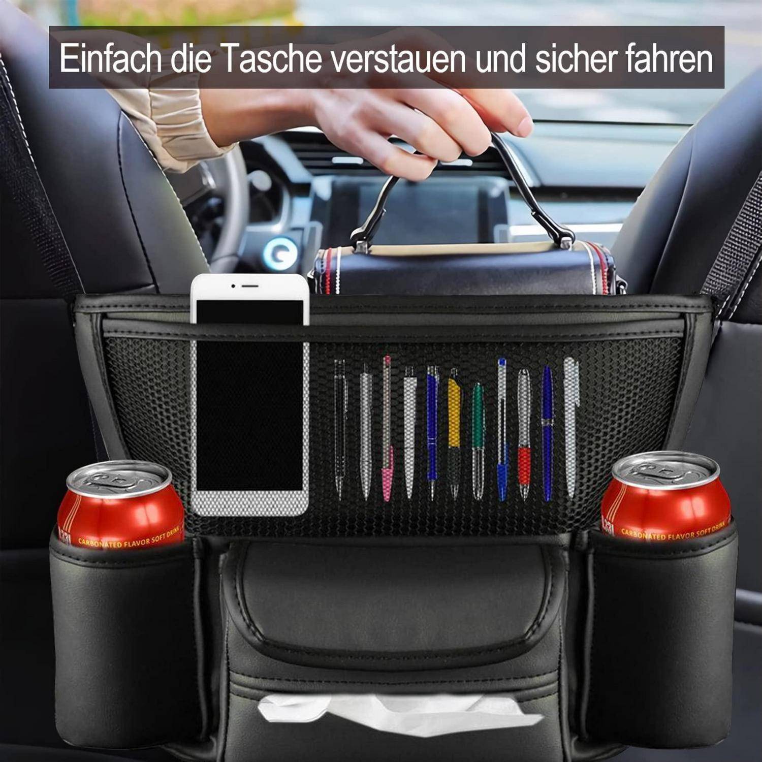 Autositzorganizer mit Netztaschen, die Stifte, ein Telefon und eine Tasche halten; Getränkehalter enthalten Sodaflaschen. Der Text lautet „Einfach die Tasche verstauen und sicher fahren".