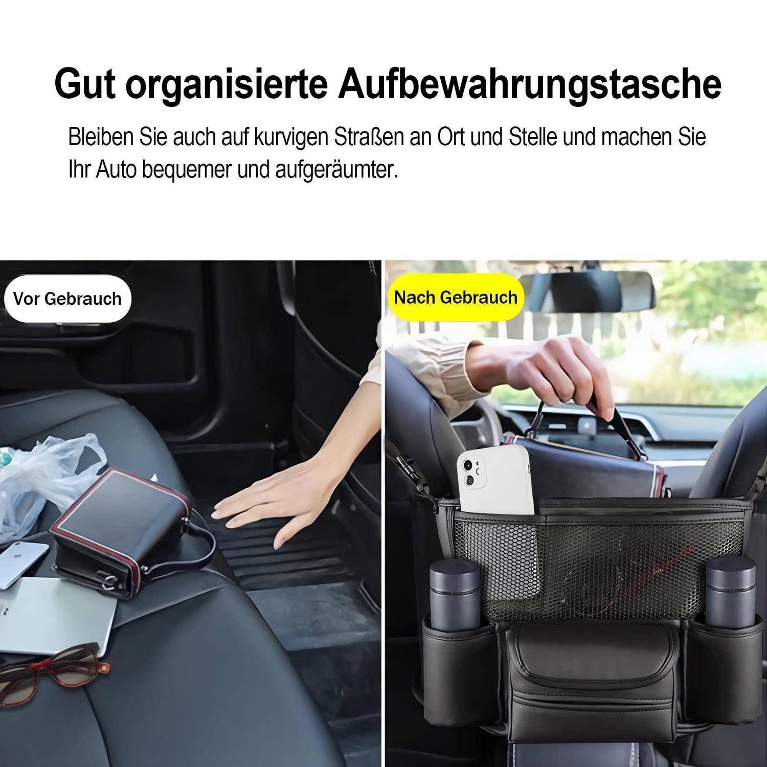 Geteiltes Bild, das eine Autorganizer-Tasche vor der Verwendung auf einem ungeordneten Sitz und nach der Verwendung zeigt, montiert am Vordersitz und ordnungsgemäß Gegenstände haltend.