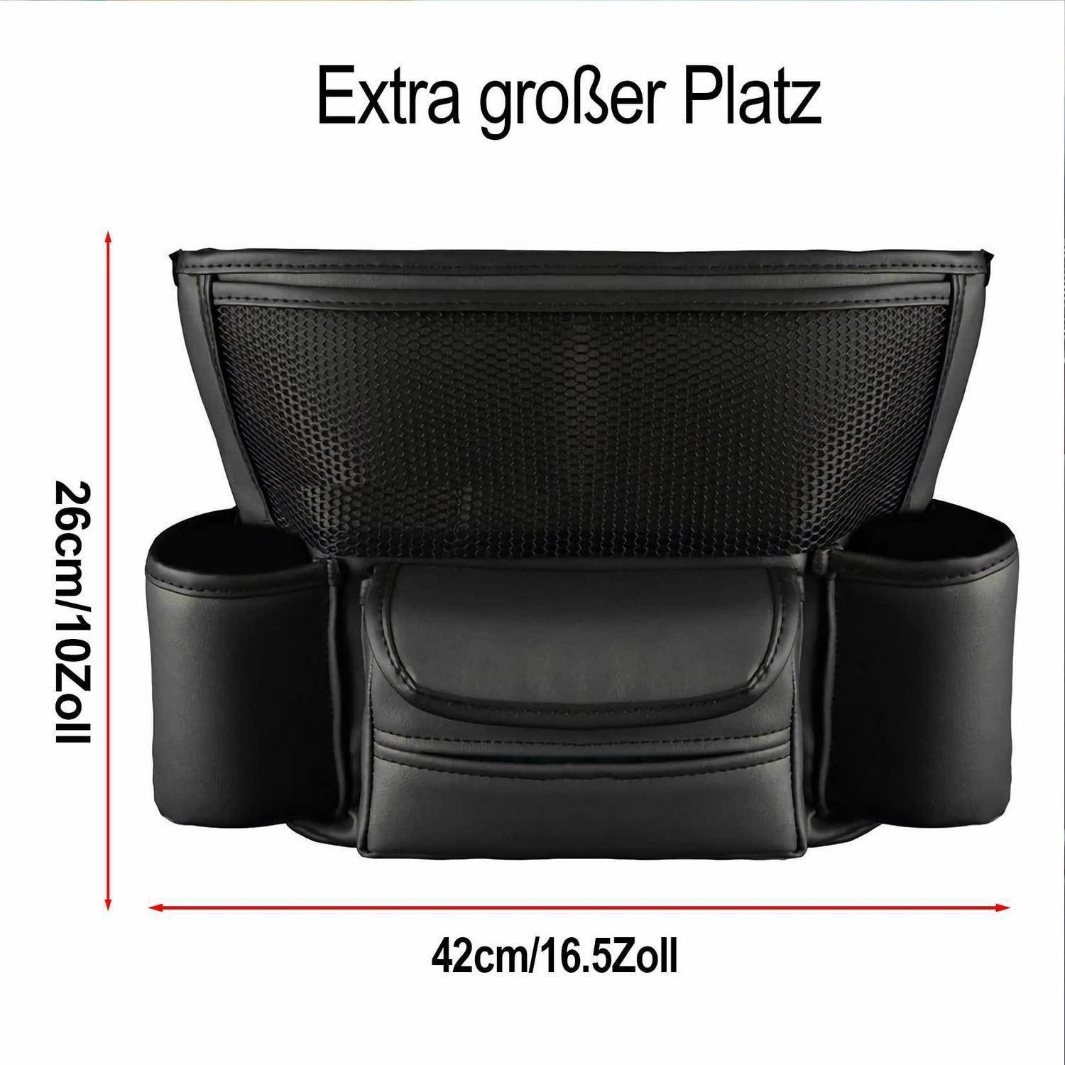 Schwarzer Autositzorganizer mit Netztasche auf der Rückseite und seitlichen Getränkehaltern, gekennzeichnet mit „Extra großer Platz"; Abmessungen 42 cm breit und 26 cm hoch.