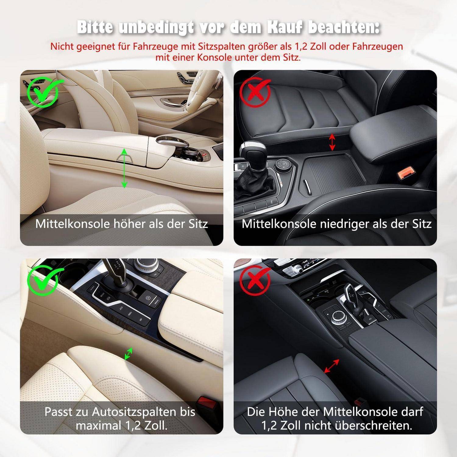 Anleitung zur Passform des Autositzes: Grünes Häkchen für Mittenkonsole höher als Sitz und Lücken bis 1,2 Zoll; rotes X, wenn tiefer oder breiter.