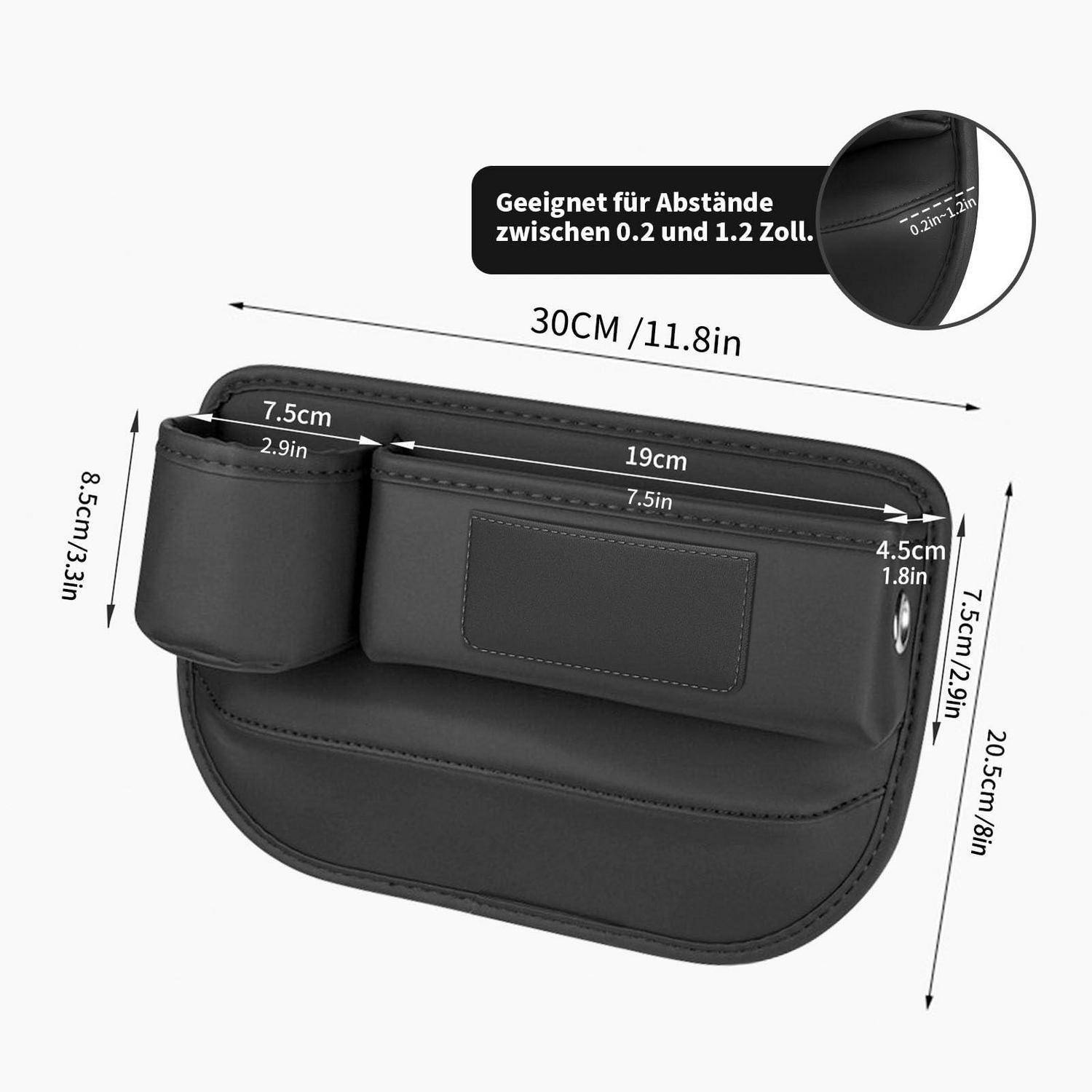 Schwarzer Beutel-Organizer mit beschrifteten Abmessungen: 30 cm breit, 20,5 cm hoch und Taschen in Größen für 0,2 bis 1,2 Zoll Abstände.