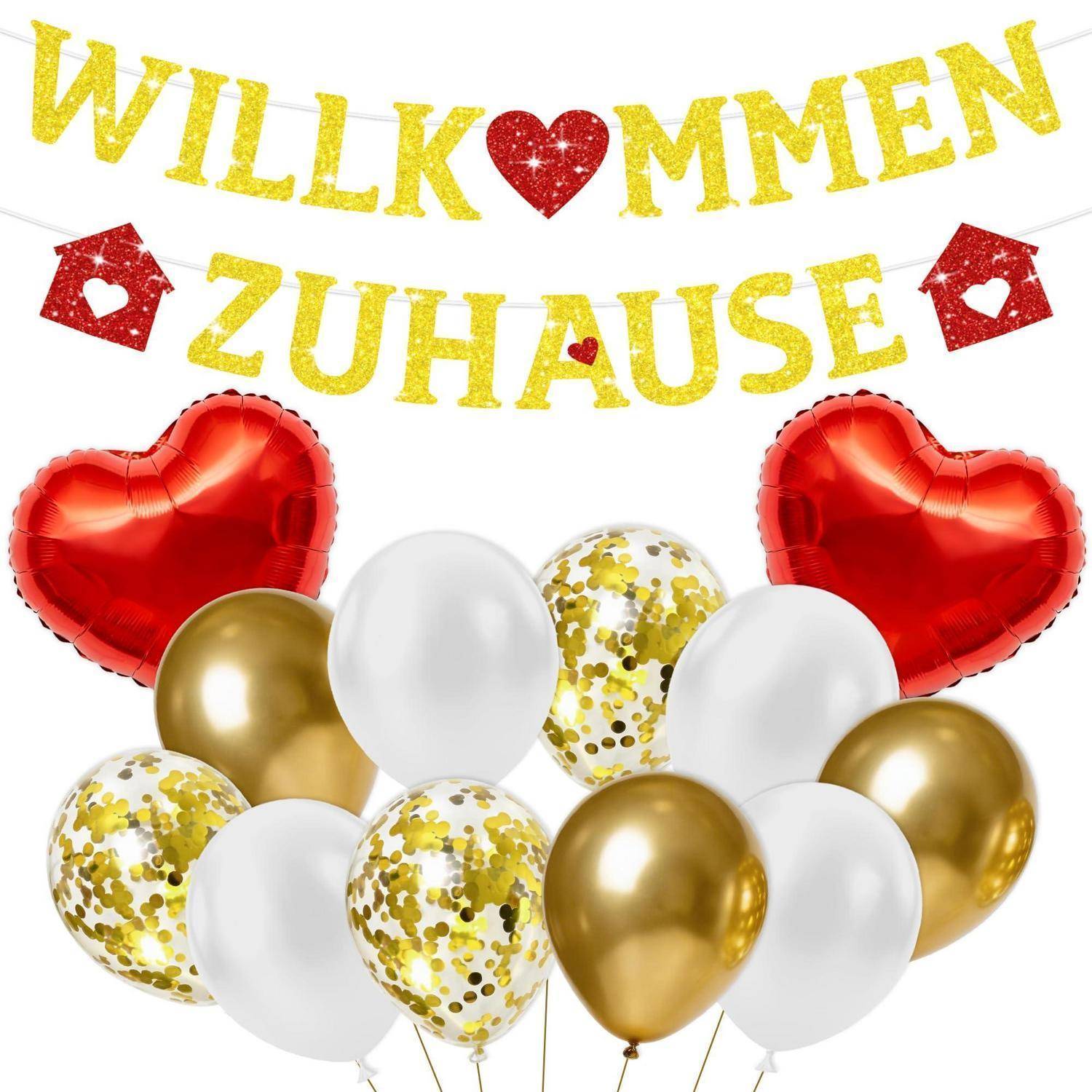 Dekorative Ballongestaltung mit deutschem Text „WILLKOMMEN ZUHAUSE