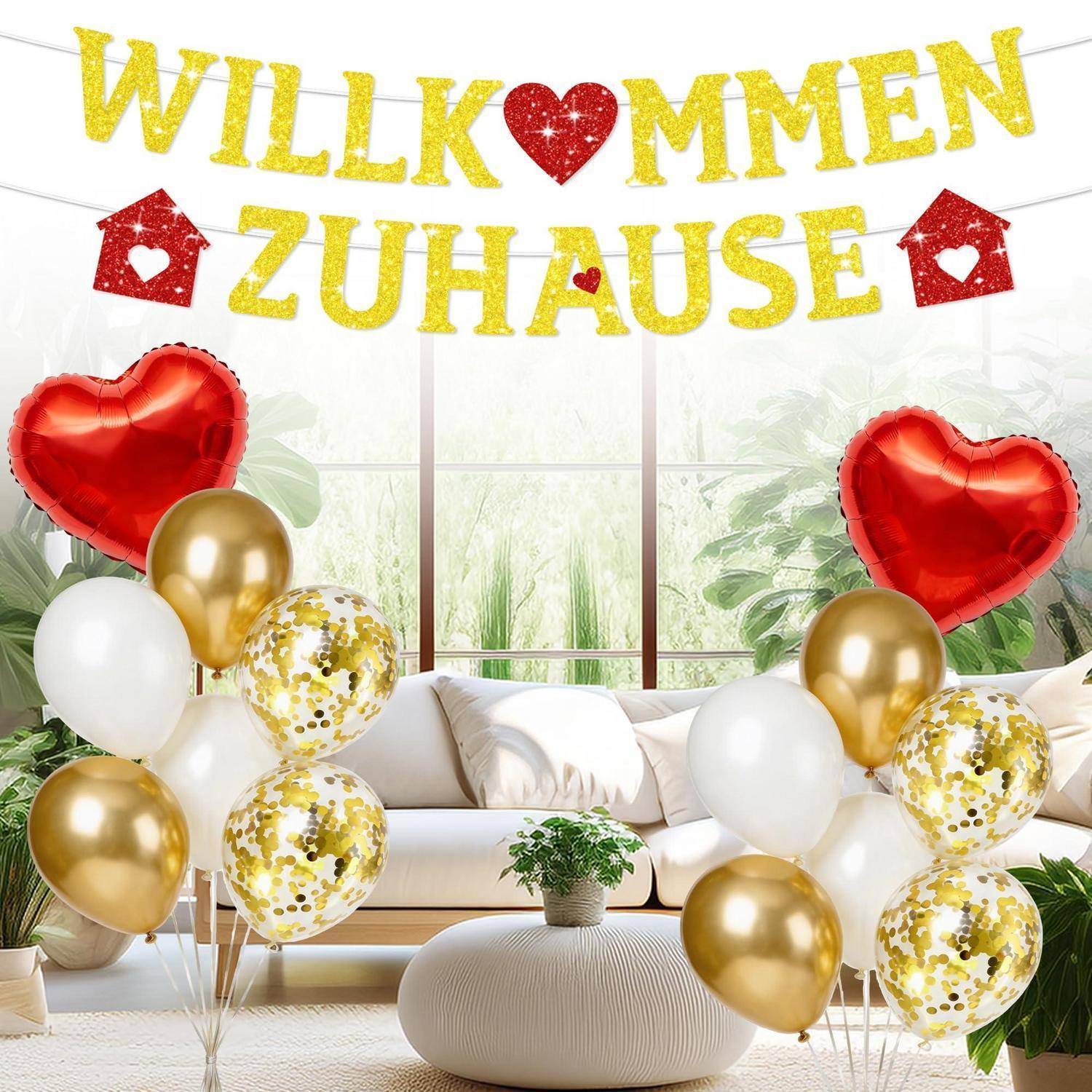 Willkommen Zuhause Deko Set Banner Ballons Gold Weiß