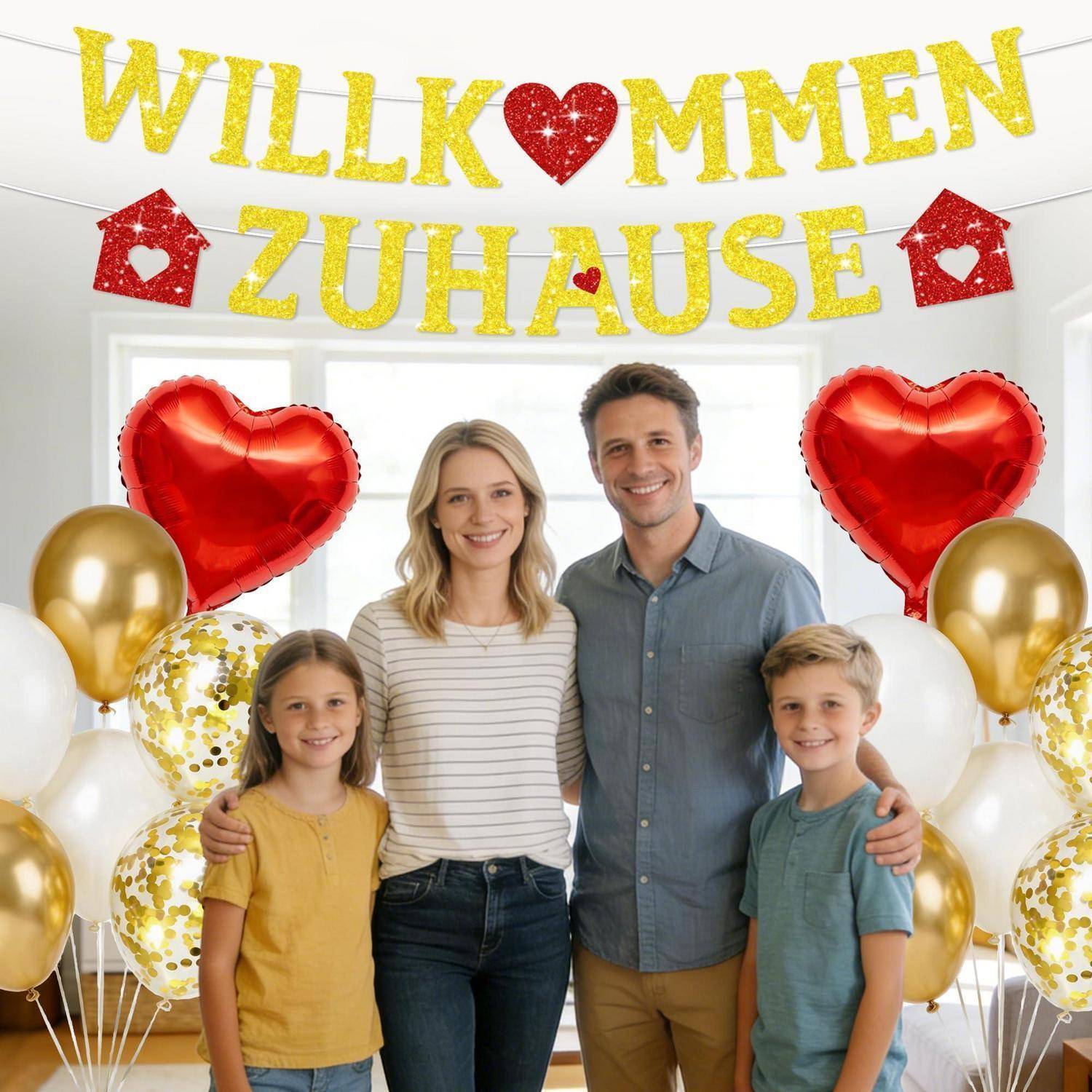 Willkommen Zuhause Deko Set Banner Ballons Gold Weiß