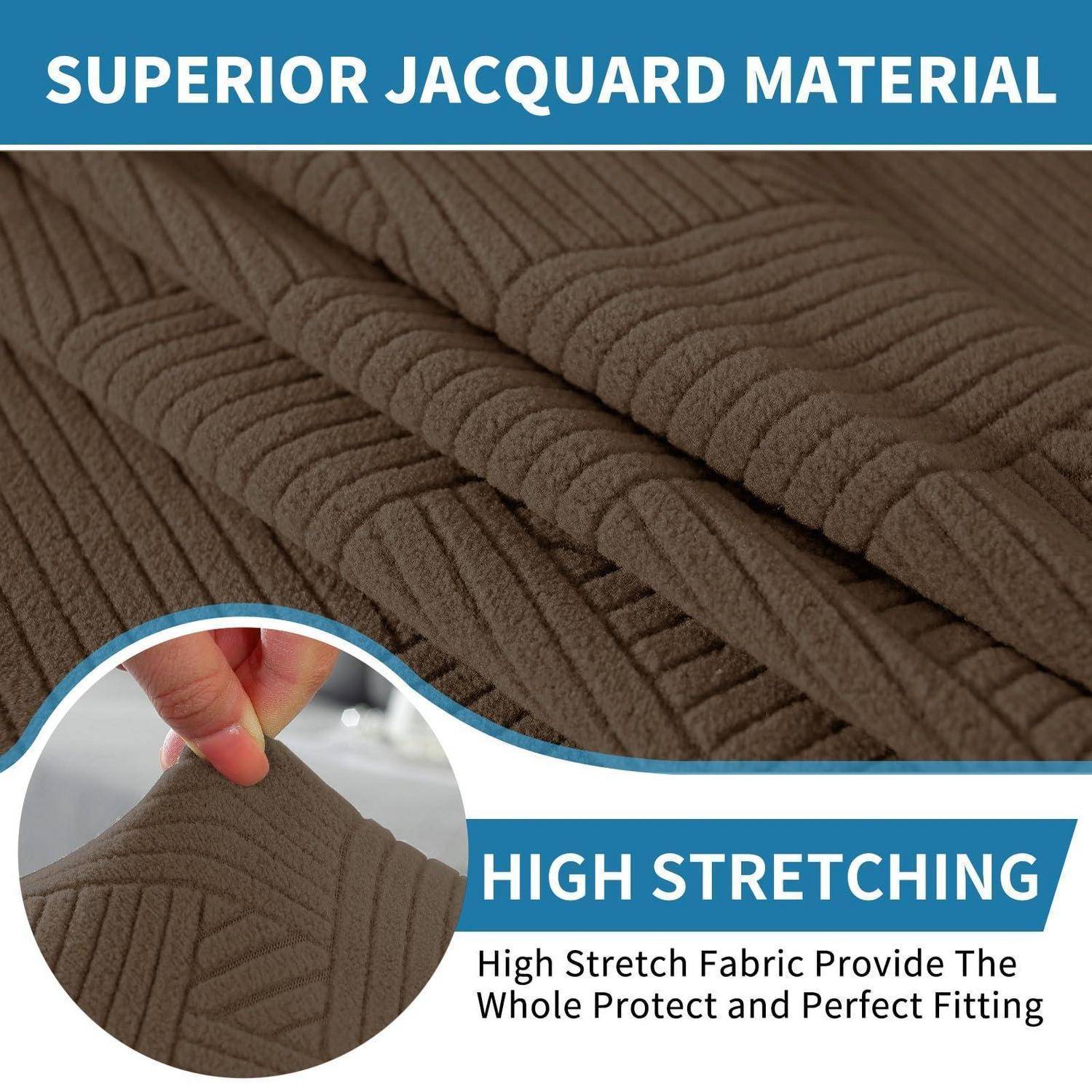 Werbebild aus braunem Jacquardstoff, beschriftet mit „SUPERIOR JACQUARD MATERIAL" und „HIGH STRETCHING"", das strukturiertes Material zeigt und eine Hand, die es zur Passformprüfung dehnt.
