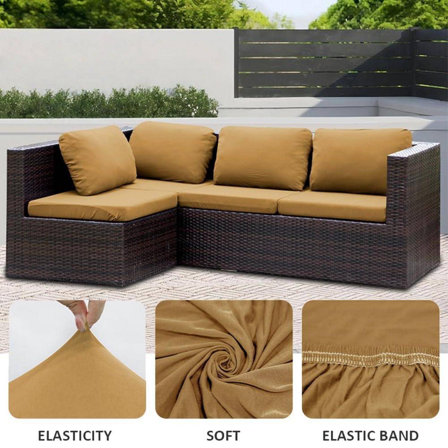 Outdoor-Rattan-Ecksofa mit beigen Kissen; eingefügte Nahaufnahmen zeigen dehnbaren, weichen Stoff und Gummiband.
