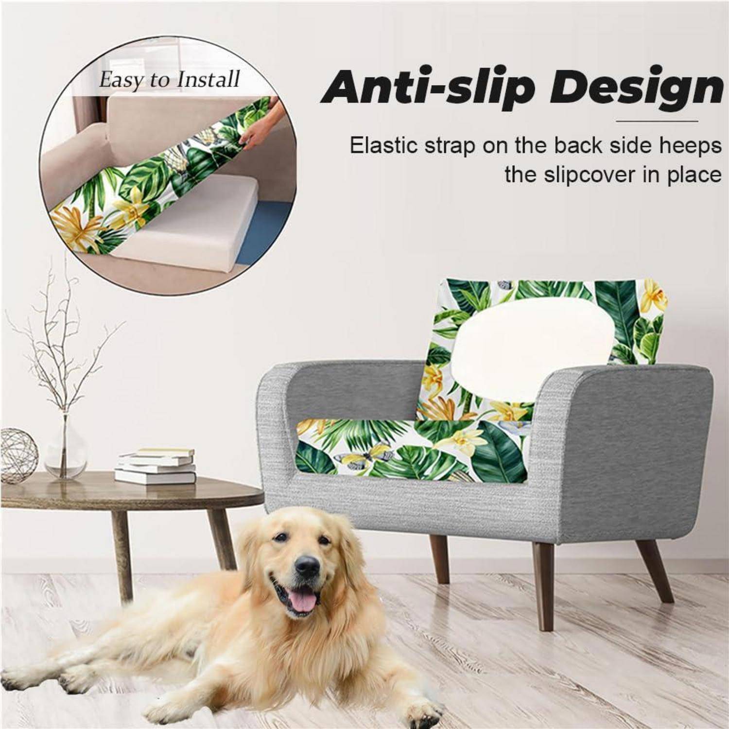 Werbebild einer Blumenschonbezug auf einem grauen Sessel, das das "Rutschsicheres Design"" mit einem elastischen Riemen und die Einfache Installation"" als Inlay hervorhebt.