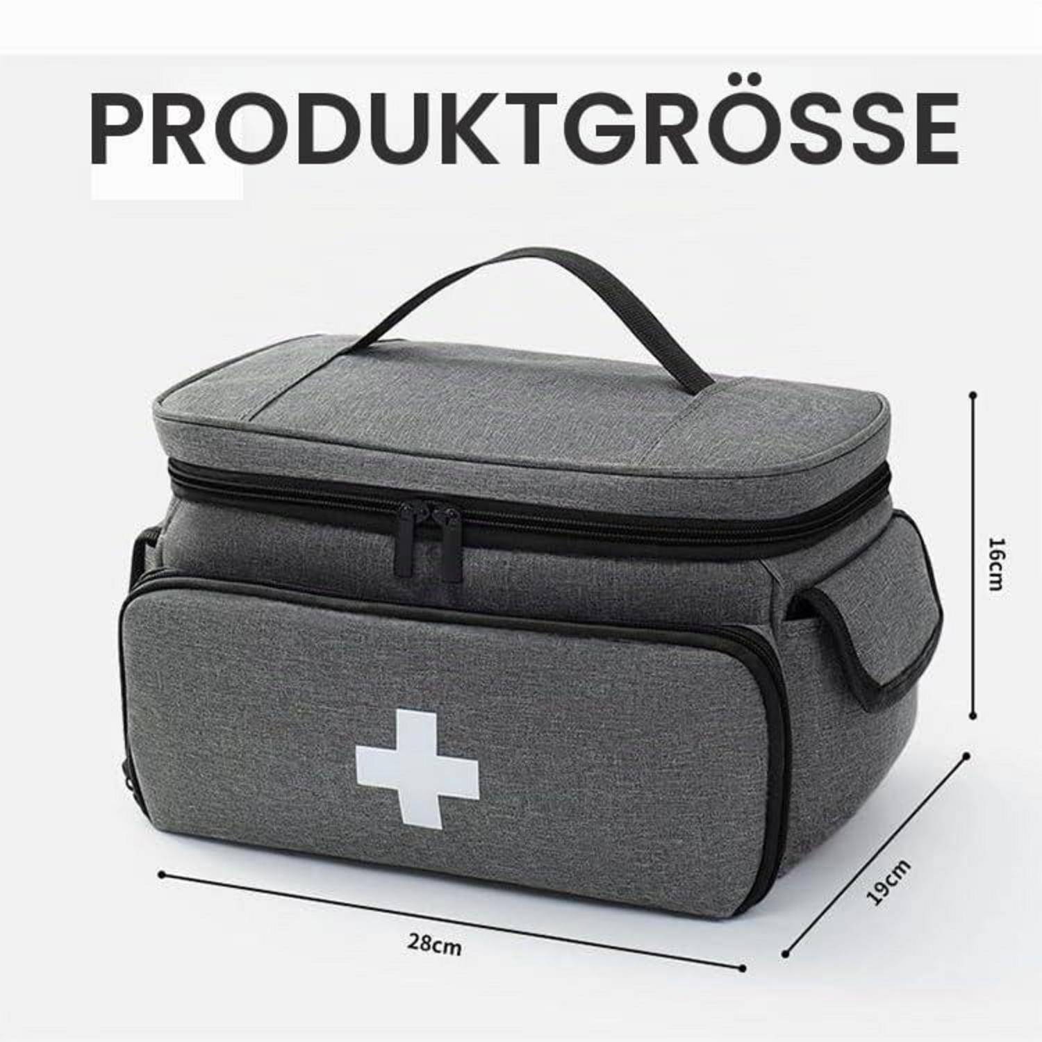 Produktgrößenabbildung einer grauen Erste-Hilfe-Tasche mit den Abmessungen 28 cm Breite, 19 cm Tiefe und 16 cm Höhe.