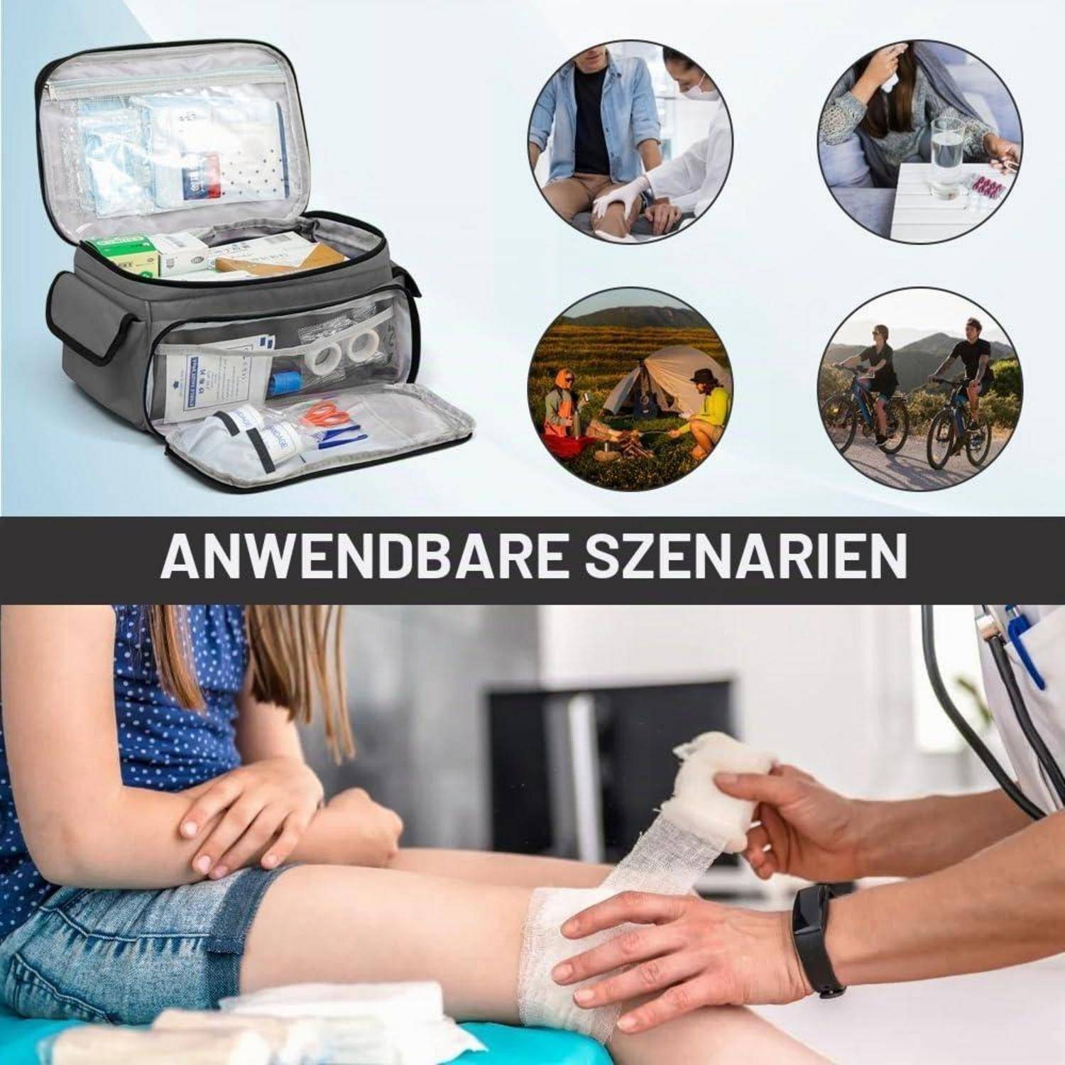 Medikamententasche Reise Groß Grau Wasserfest Oxford-Gewebe 28x19x16cm