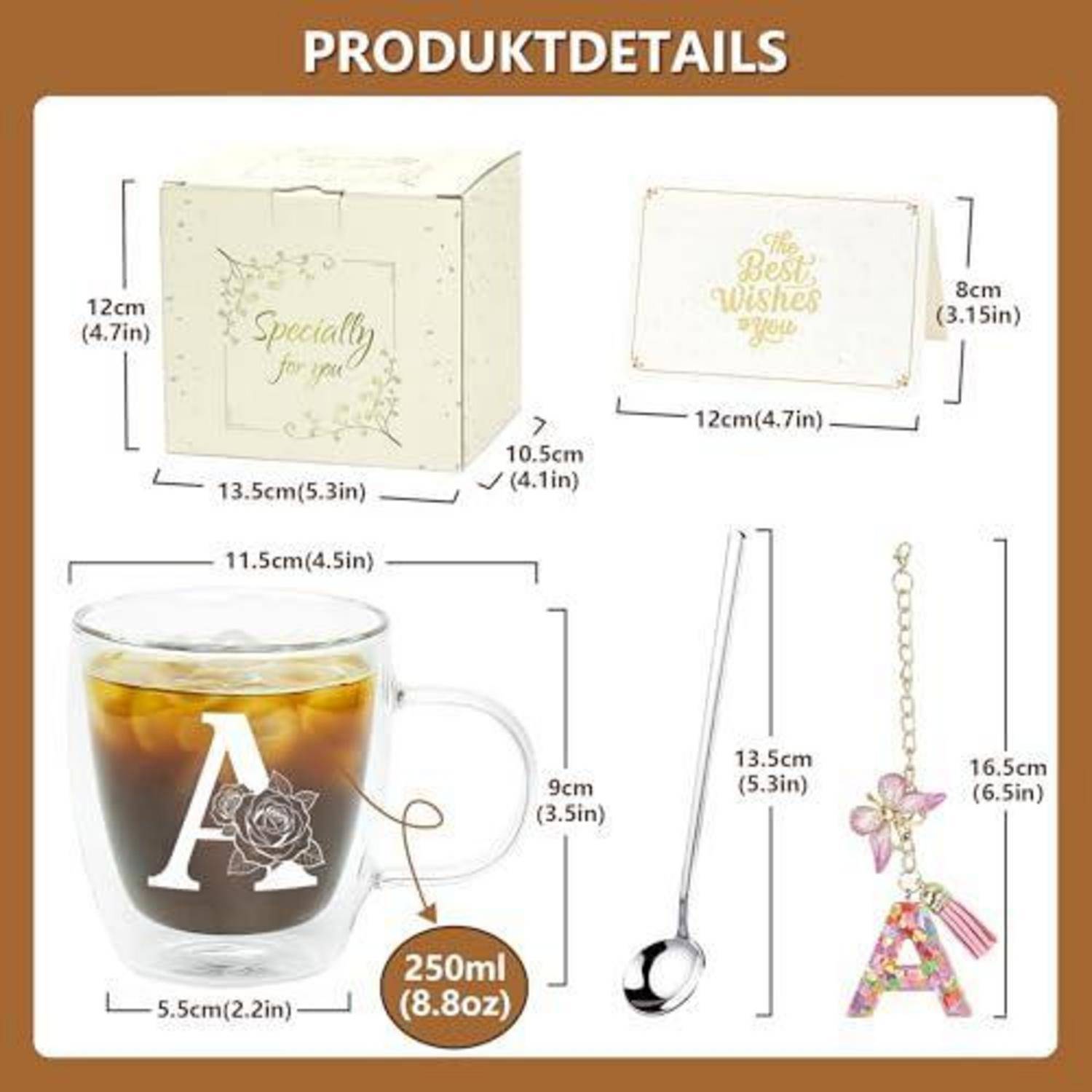 Produktdetails-Grafik mit einem Geschenkset: Schachtel, Karte, 250-ml-Glastasse, Löffel und Schlüsselanhänger mit Brief, jeweils mit Abmessungen beschriftet.