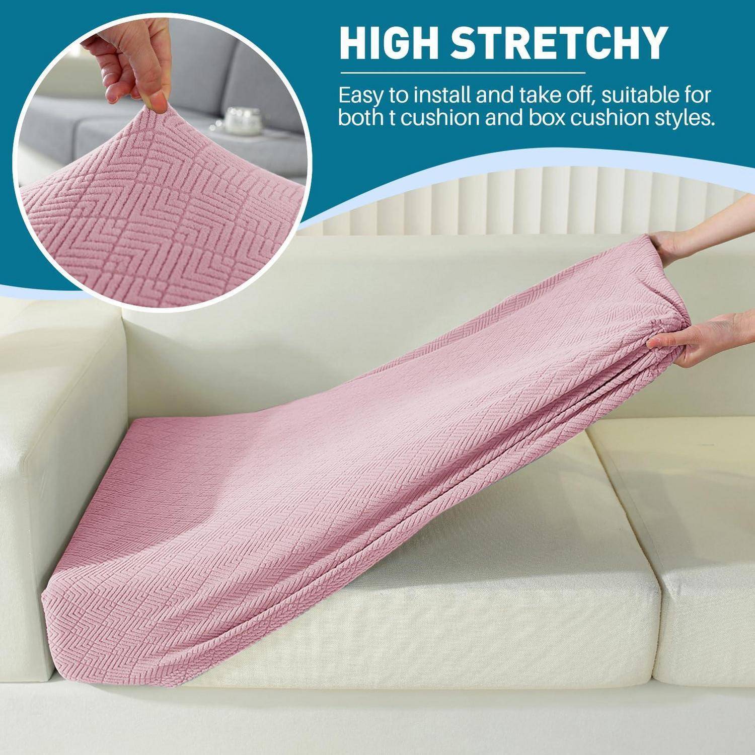 Anzeige zeigt einen rosa hochelastischen Sofabezug, der auf ein Sofa gezogen wird, mit dem Text „HIGH STRETCH