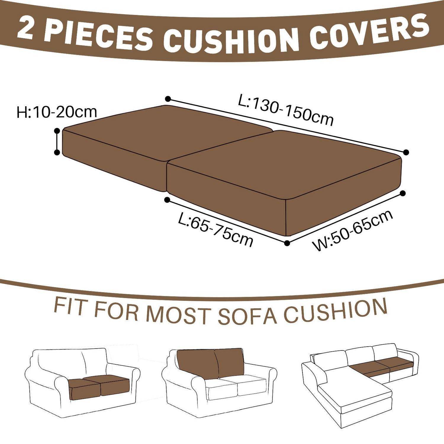 Diagramm mit zweiteiligen Kissenbezügen für die meisten Sofas, mit Größenbereichen H 10–20 cm, L 130–150 cm, L 65–75 cm, B 50–65 cm.