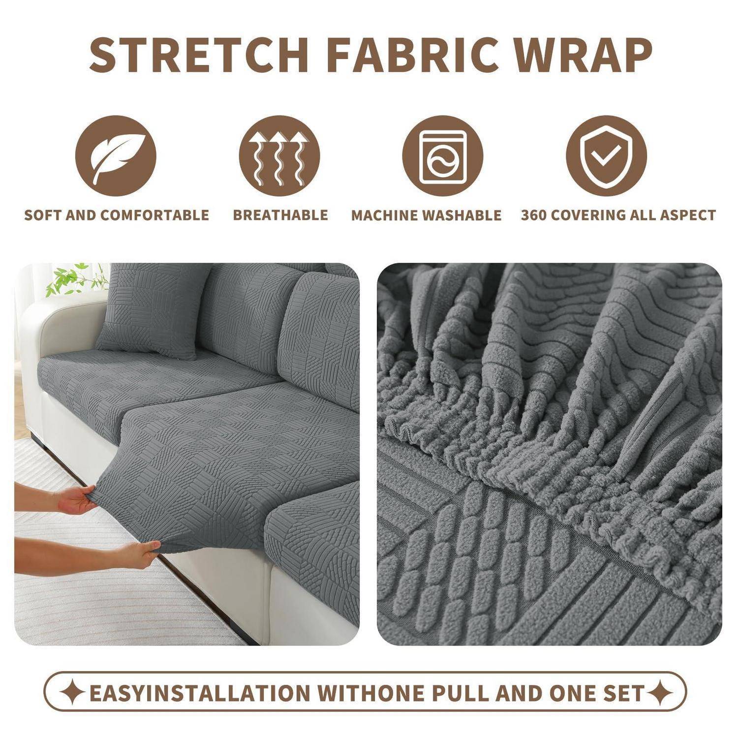 Werbegrafik für eine elastische Sofabezug-Schutzhülle, die einen grauen Couchbezug mit Funktionssymbolen für weich, atmungsaktiv, maschinenwaschbar und 360-Grad-Abdeckung zeigt, sowie Text zur einfachen Montage.