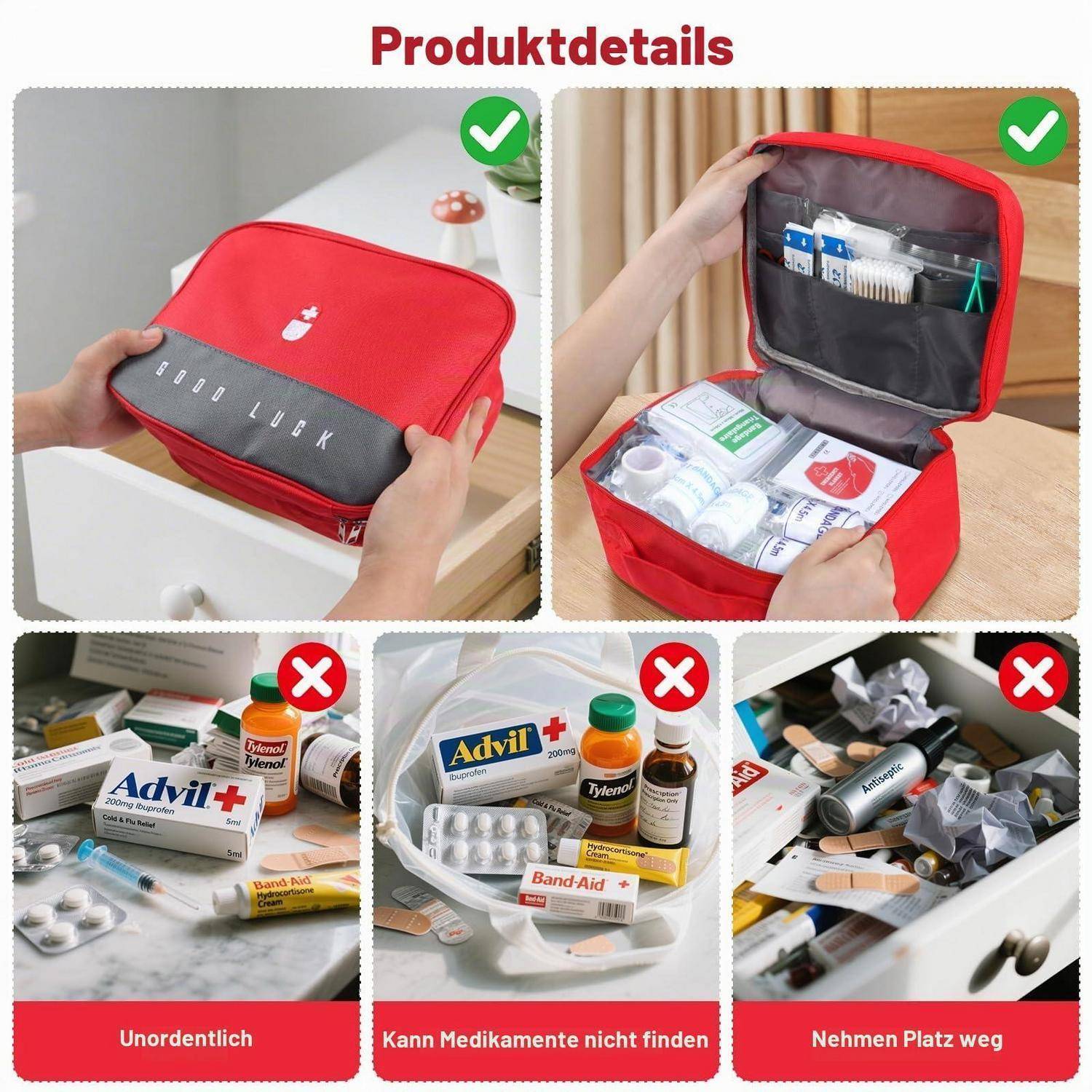 3 Stück Medikamententasche leer, wasserdicht, rot