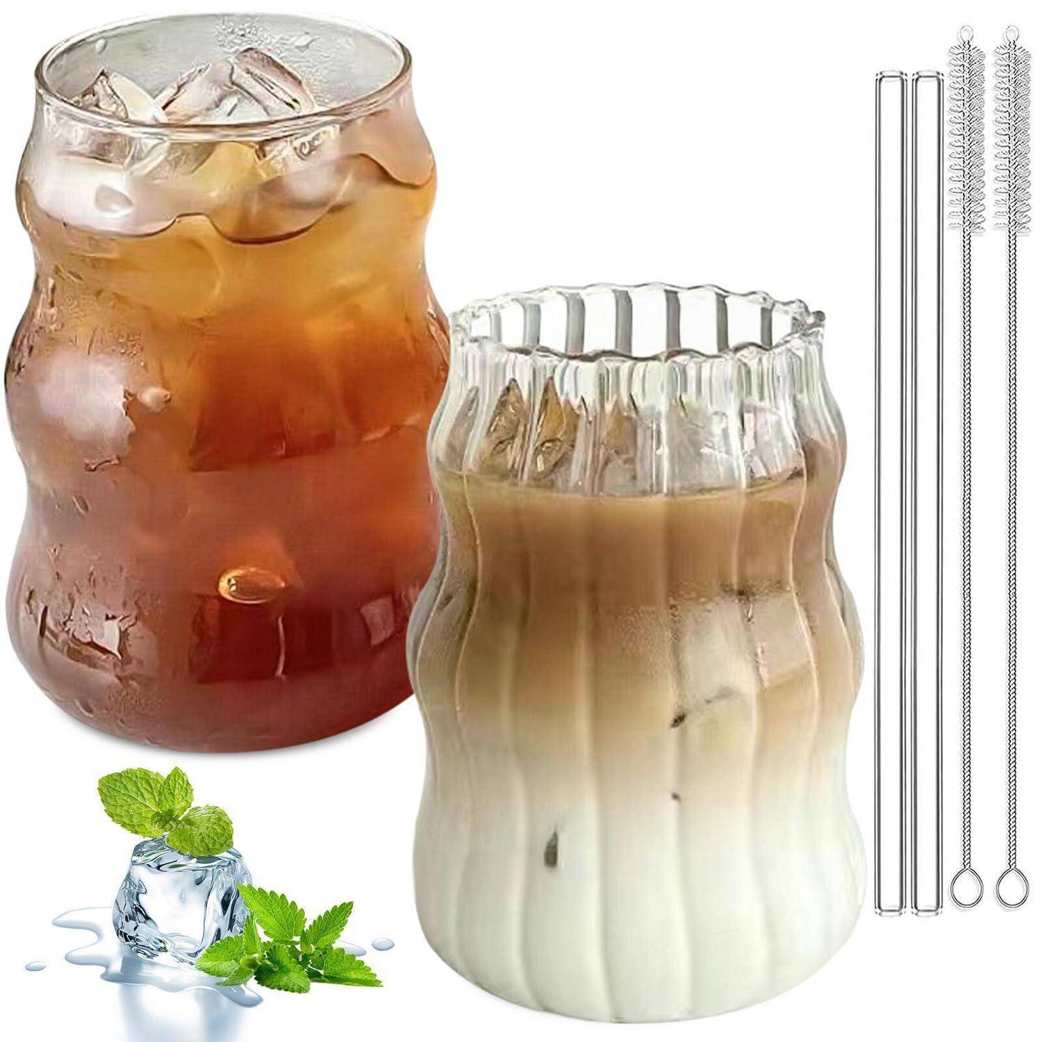2er Set Gerippte Trinkgläser 530ml Borosilikatglas mit Glasstrohhalmen