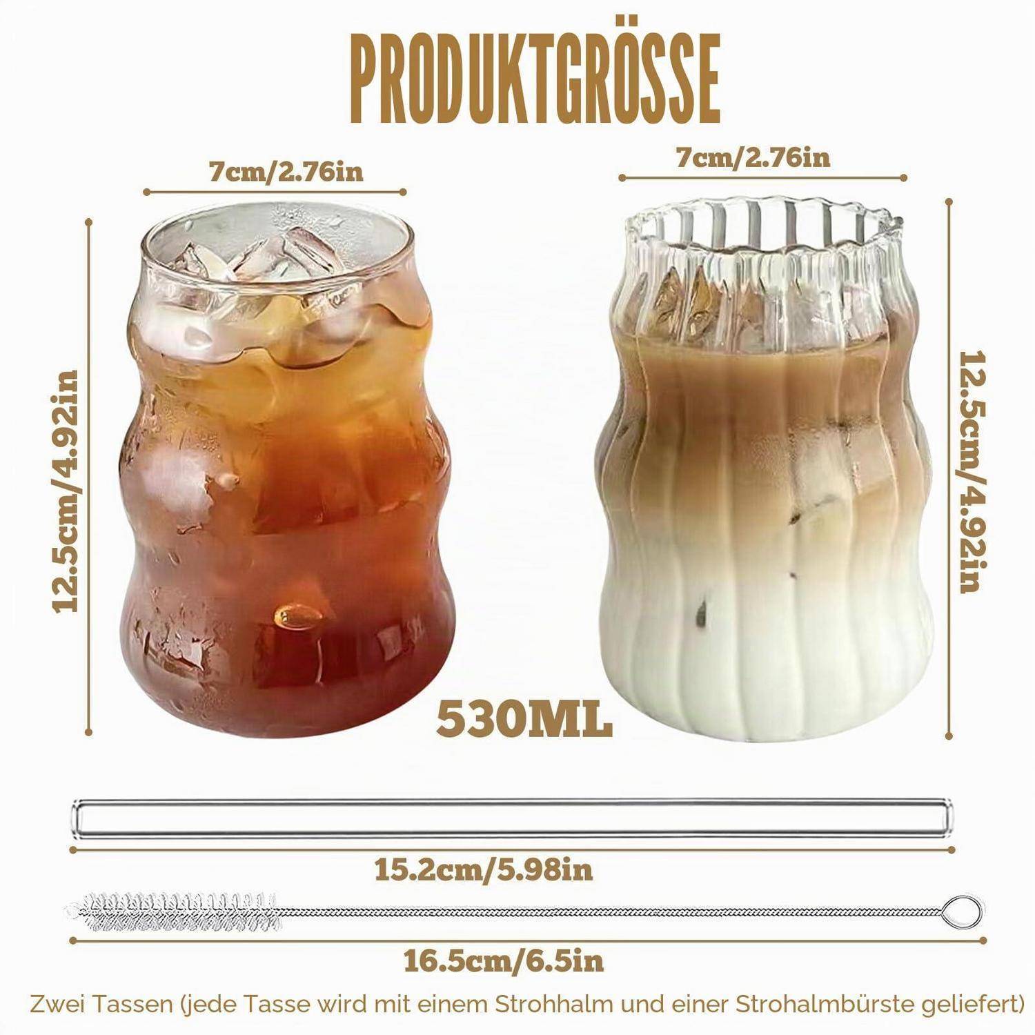 2er Set Gerippte Trinkgläser 530ml Borosilikatglas mit Glasstrohhalmen