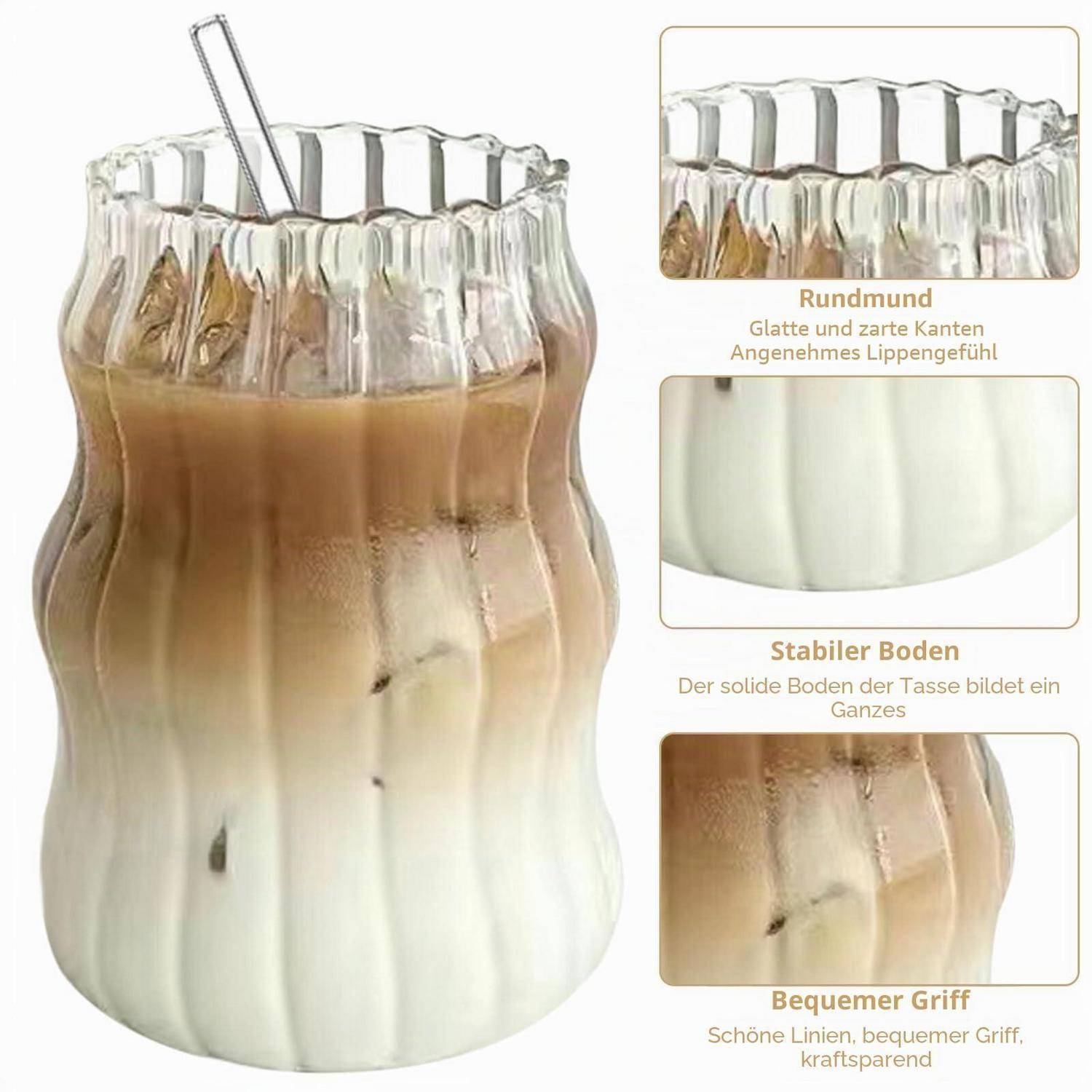 2er Set Gerippte Trinkgläser 530ml Borosilikatglas mit Glasstrohhalmen