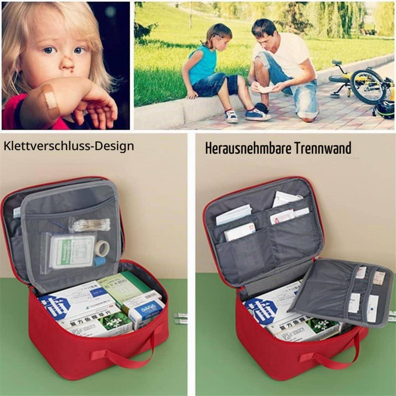 Collage mit einer roten isolierten Tasche mit abnehmbarem Teiler und Klettverschluss; obere Bilder zeigen ein Kind und einen Mann bei einem Fahrrad, mit deutschen Etiketten „Klettverschluss-Design" und „Herausnehmbare Trennwand"".