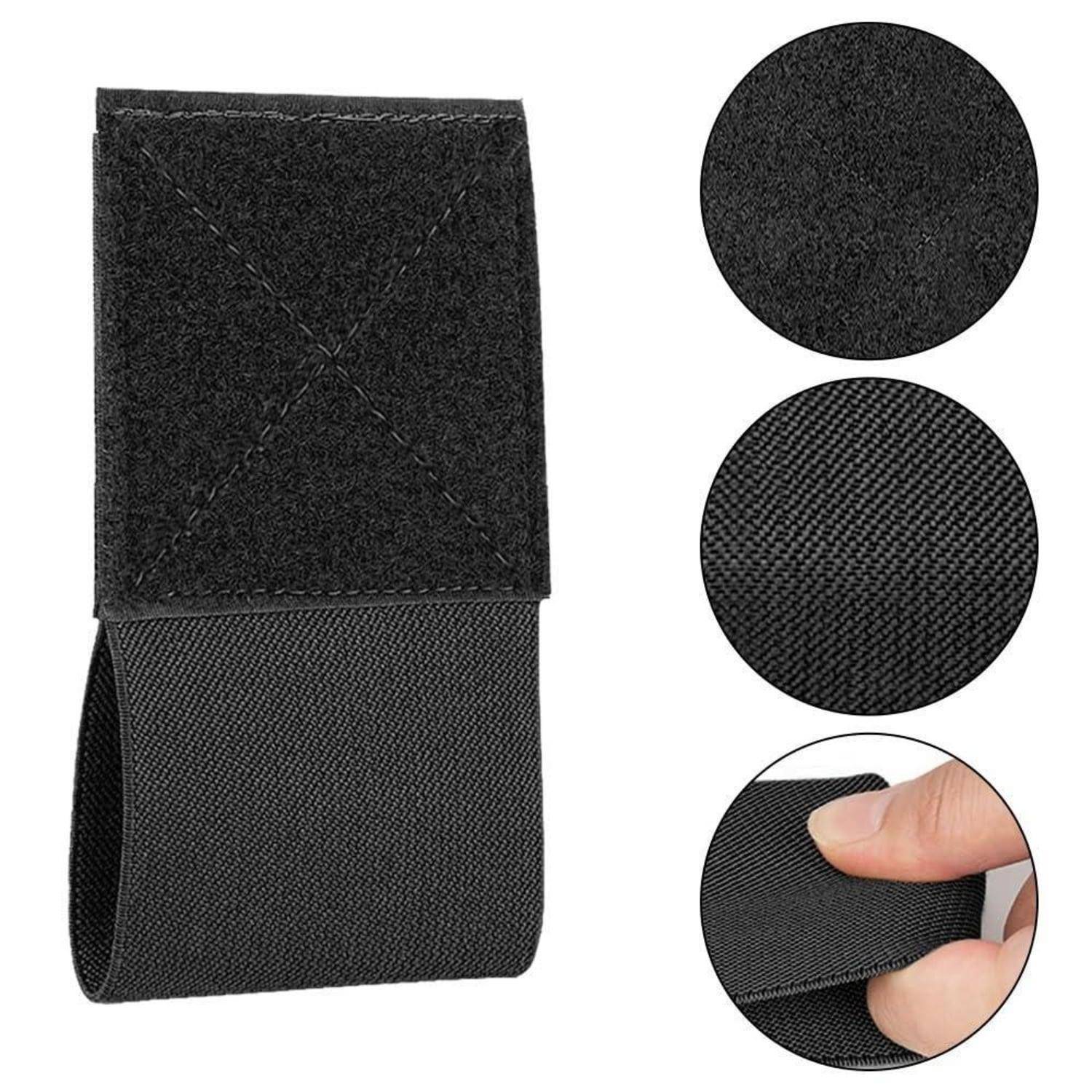 Schwarzer Klettverschluss-Riemen mit umgeklapptem Verschluss und Schlaufen-Ende, gezeigt mit Nahaufnahmen der Materialtextur und einer Hand, die die Befestigung demonstriert.