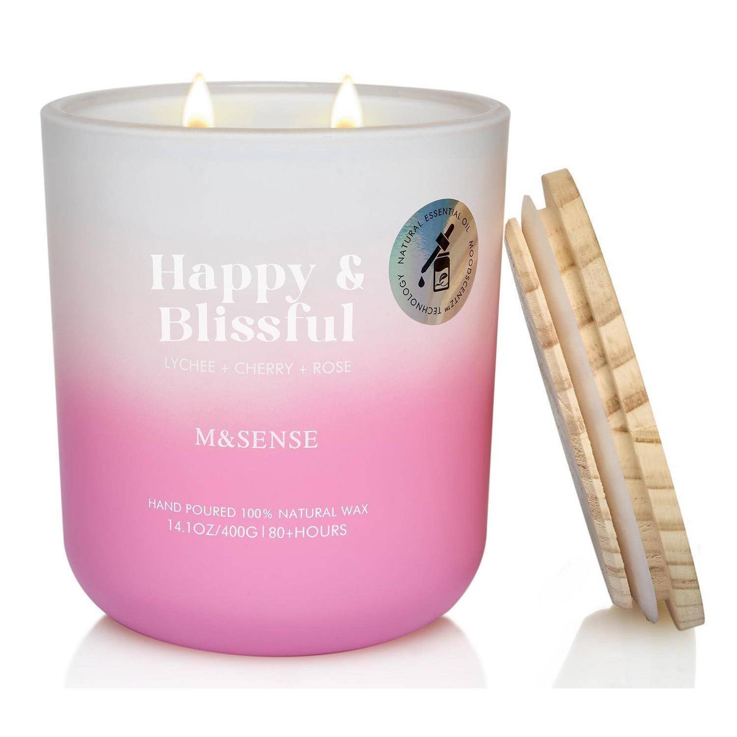 M&SENSE Duftkerze Litschi Kirsche Rose 400g Sojawachs 80h Doppeldocht