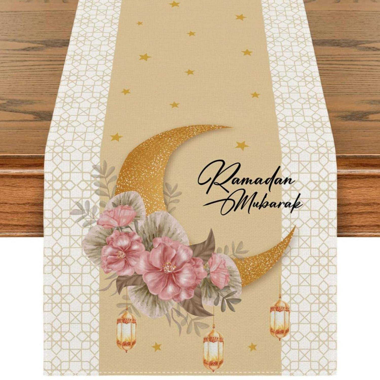 Tischläufer Ramadan Mubarak 183x33cm Polyester Stern Mond Laterne