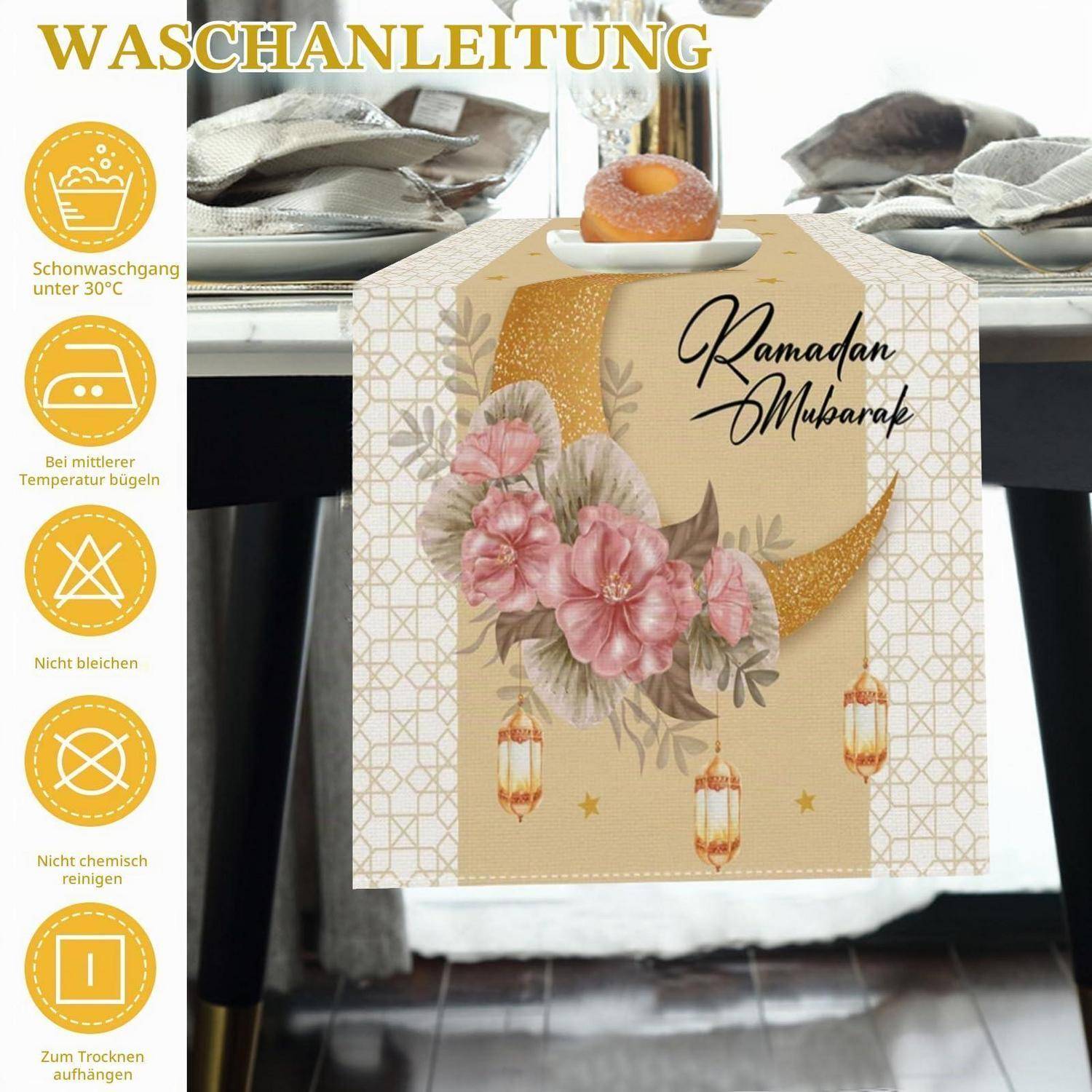 Tischläufer Ramadan Mubarak 183x33cm Polyester Stern Mond Laterne
