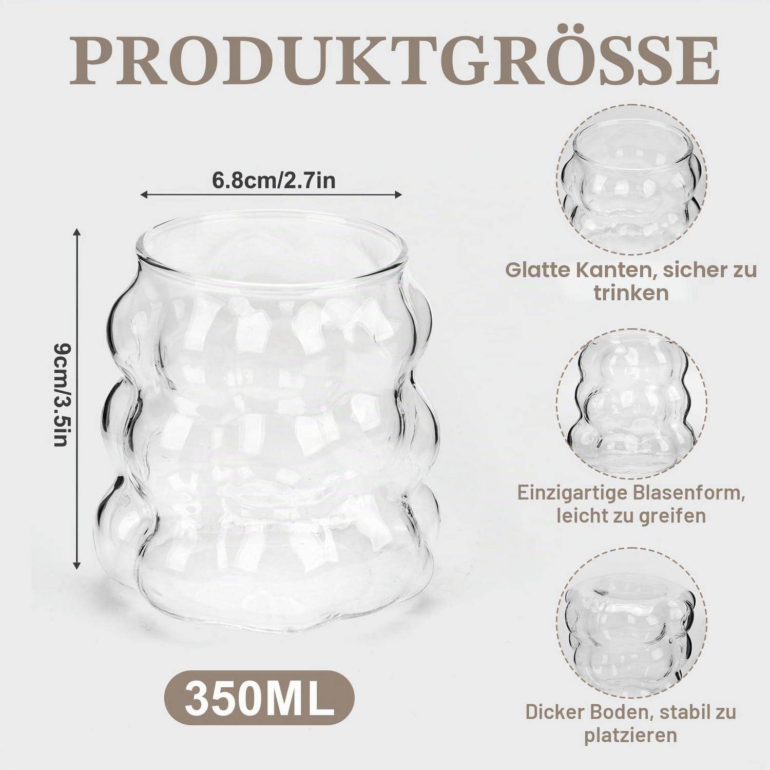 Größendiagramm des Produkts zeigt ein klares, welliges 350-ml-Glas, 9 cm hoch und 6,8 cm breit, mit glattem Rand, ergonomischer Griffform und dicker stabiler Basis.