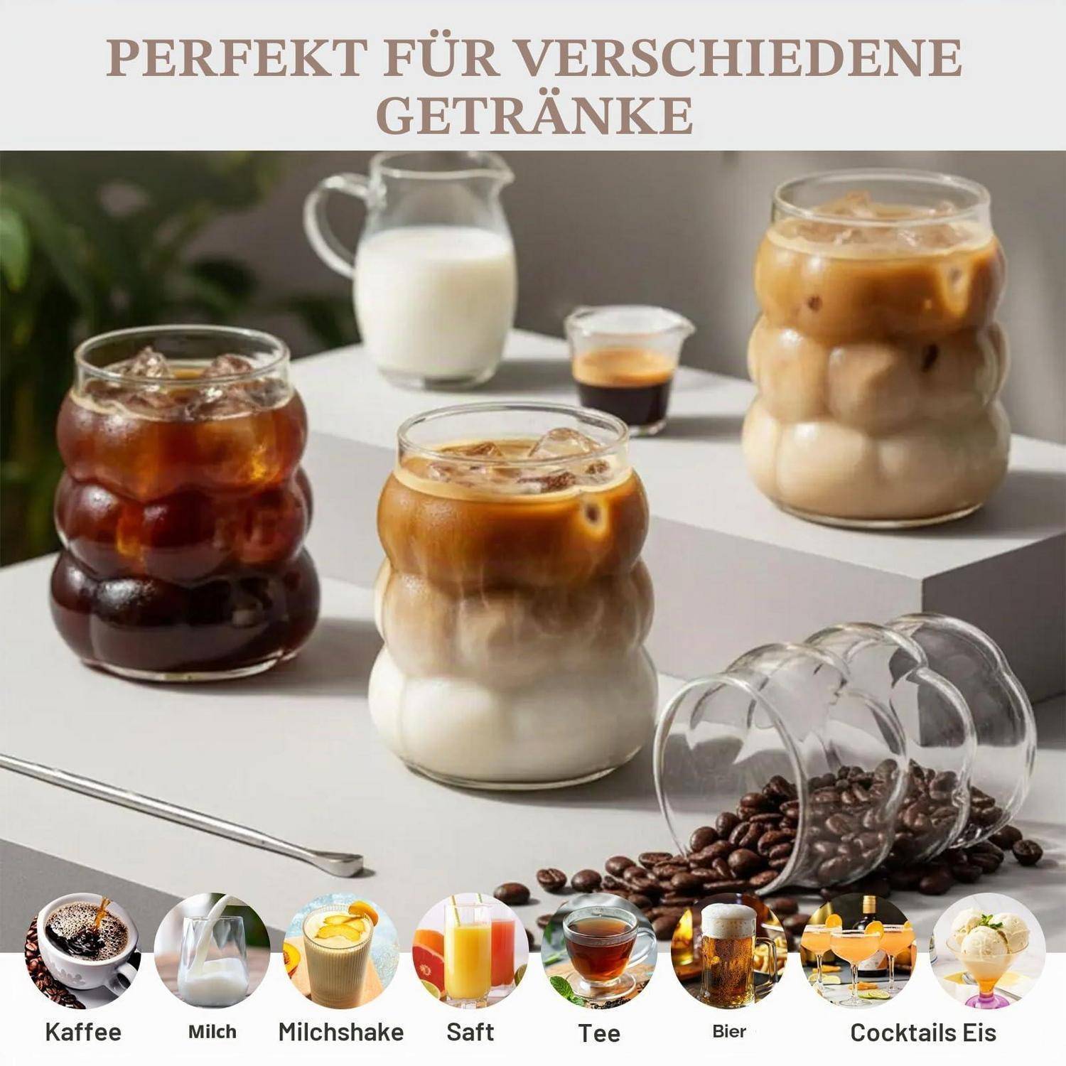 Gefrorene geschichtete Getränke in Glasgefäßen auf einem Tisch, beschriftet mit „perfekt für verschiedene Getränke" mit Beispielen: Kaffee, Milch, Milchshake, Saft, Tee, Bier, Cocktails und Eis.
