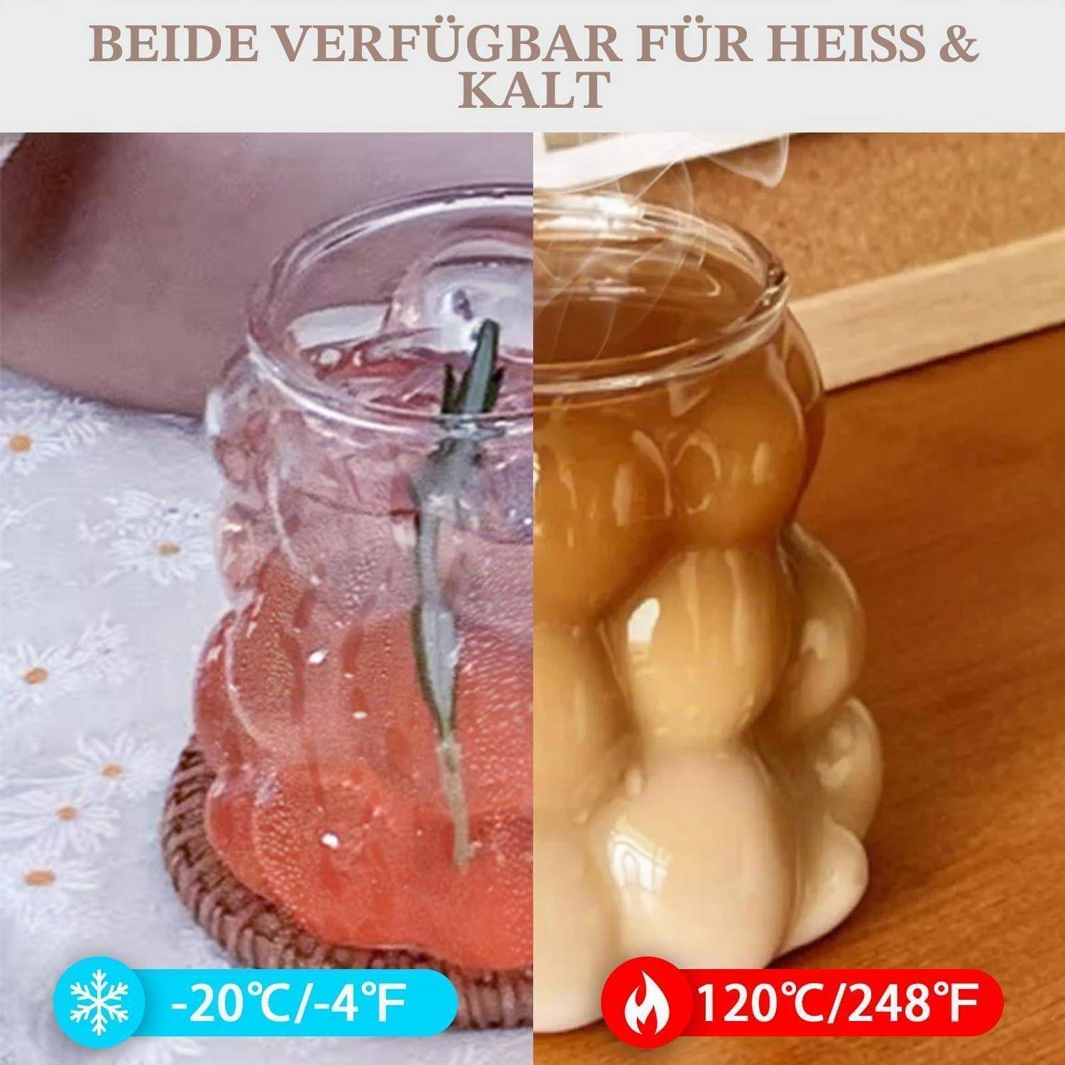 Geteiltes Bild einer Glasglas-Kerze im Glas, gezeigt kalt und heiß, mit der Beschriftung „BEIDE VERFÜGBAR FÜR HEISS & KALT", mit Temperaturabzeichen „-20°C/-4°F"" und „120°C/248°F"".