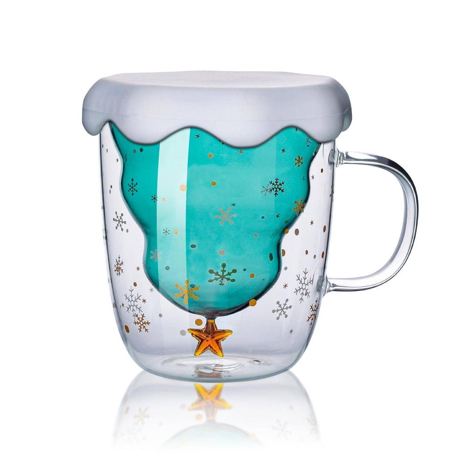 Doppelwandige Kaffeetasse Weihnachtsbaum 300ml transparent mit Deckel