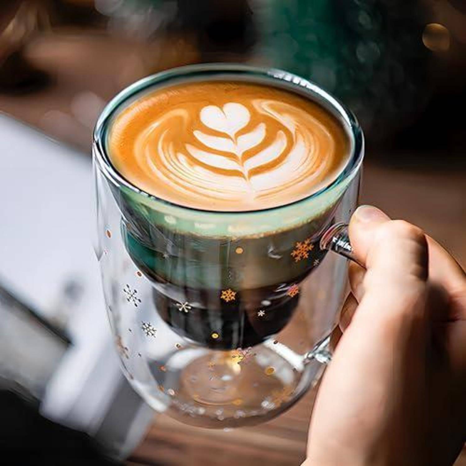 Doppelwandige Kaffeetasse Weihnachtsbaum 300ml transparent mit Deckel