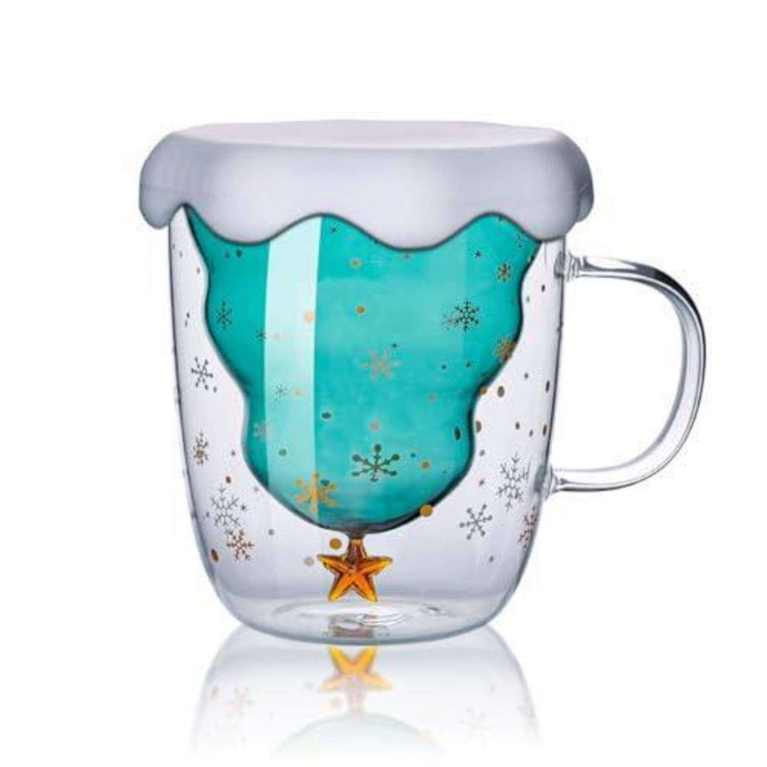 Doppelwandige Kaffeetasse Weihnachtsbaum 300ml transparent mit Deckel