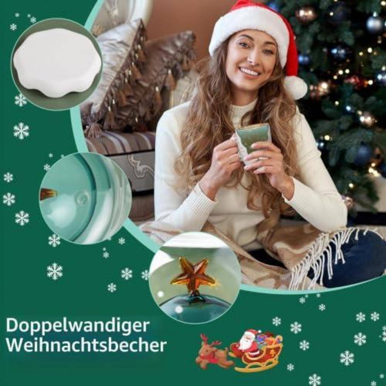 Doppelwandige Kaffeetasse Weihnachtsbaum 300ml transparent mit Deckel