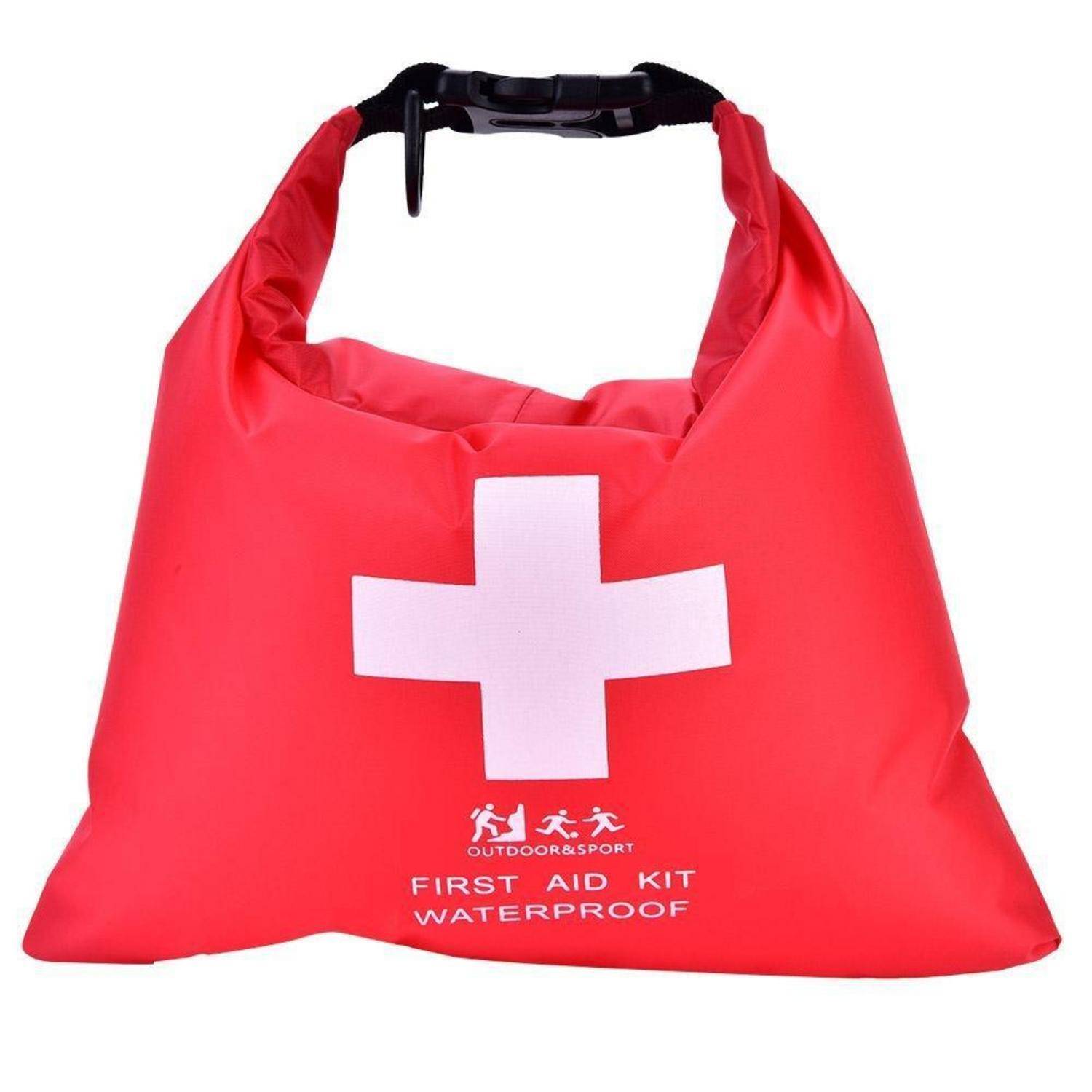 Rote, wasserdichte Erste-Hilfe-Tasche mit weißem Kreuz und schwarzem Tragegriff.
