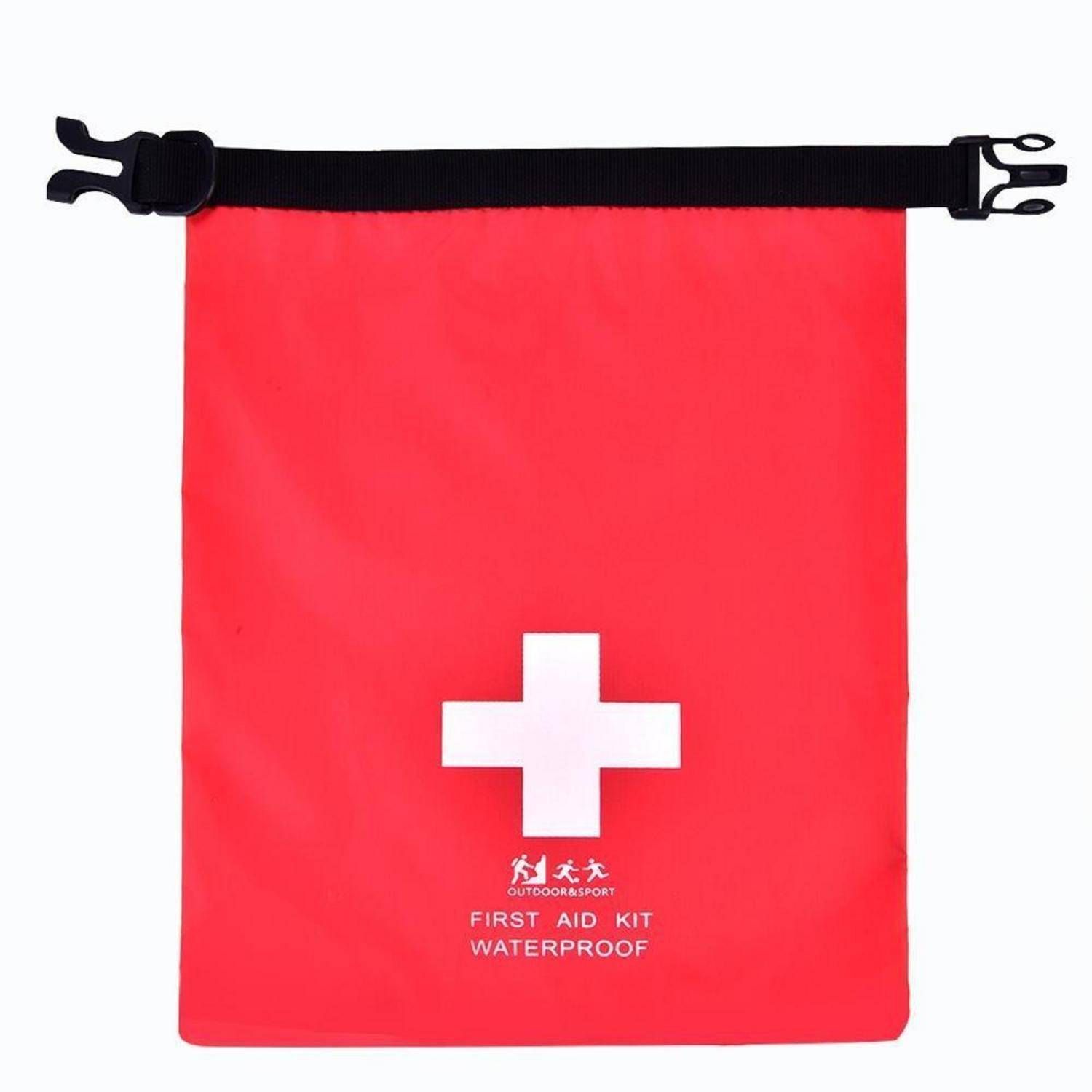 Rote wasserdichte Erste-Hilfe-Tasche mit weißem Kreuz und der Aufschrift „FIRST AID KIT WATERPROOF", abgebildet auf weißem Hintergrund.