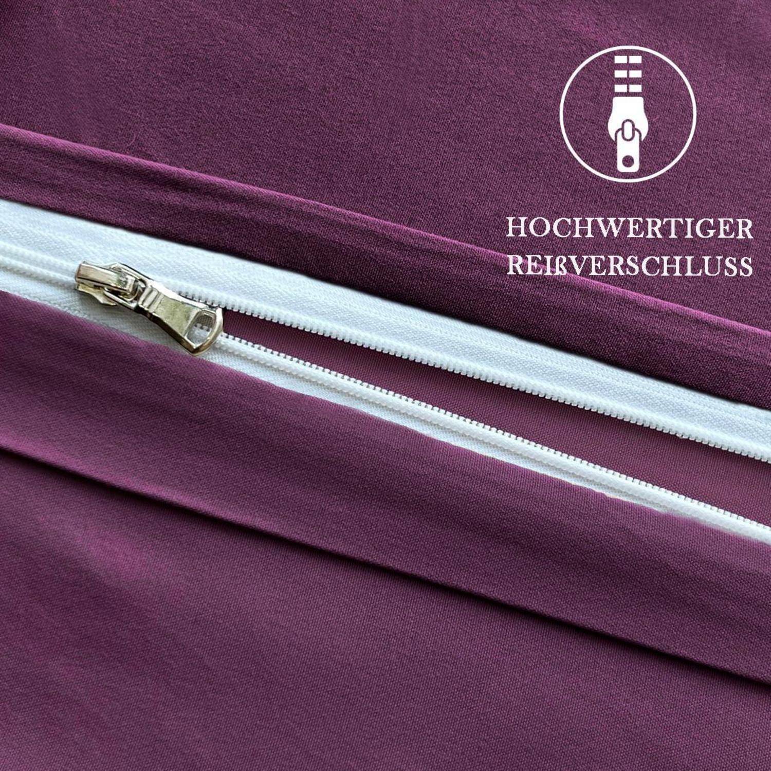 Nahaufnahme einer violetten Stoffabdeckung mit einem weißen hochwertigen Reißverschluss und Schieber, gekennzeichnet mit „HOCHWERTIGER REIßVERSCHLUSS".