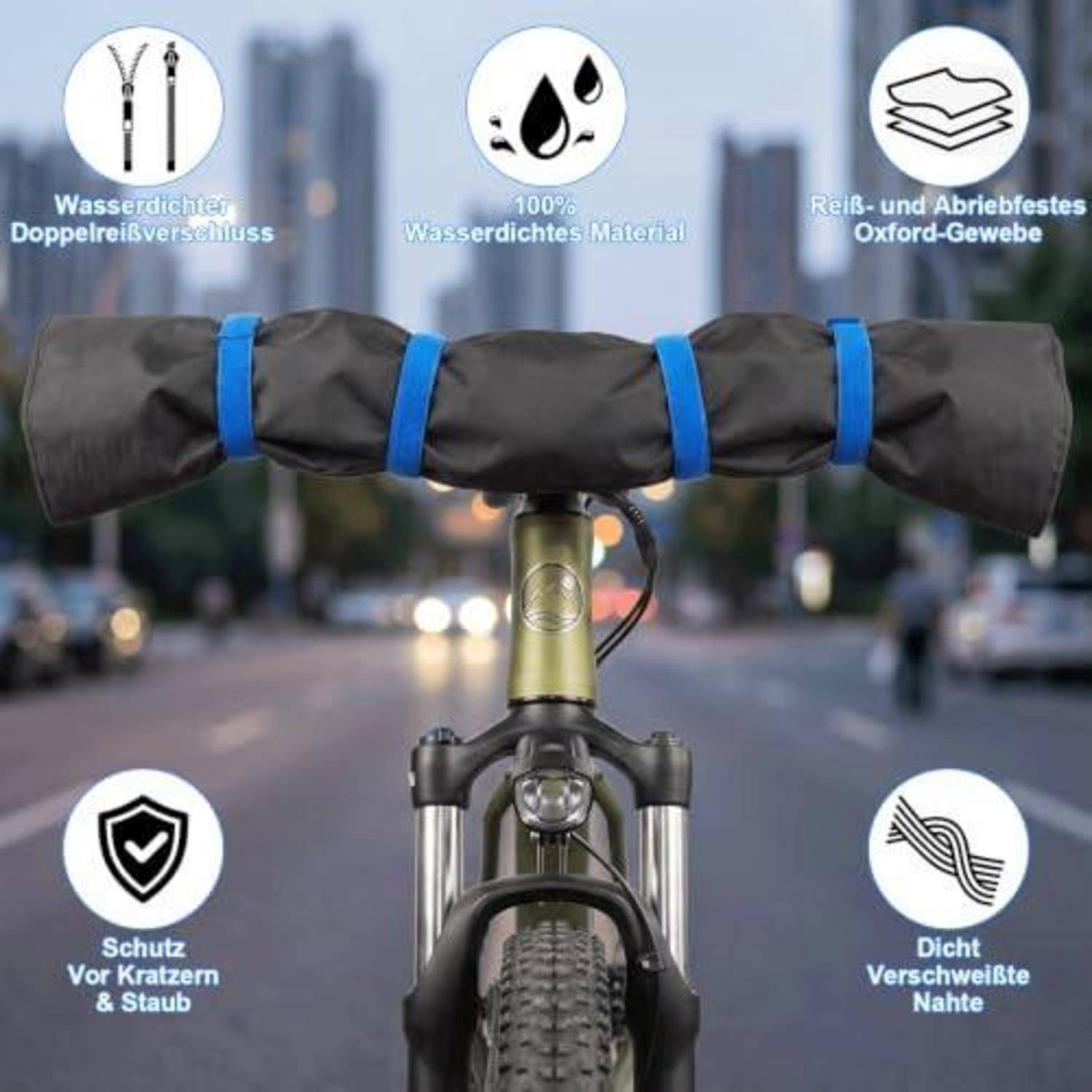 Fahrradlenker-Tasche in einer Stadtstraße, gezeigt mit deutschen Funktionssymbolen für wasserdicht, reißfestes Oxford-Gewebe, kratzfest und versiegelte Nähte.