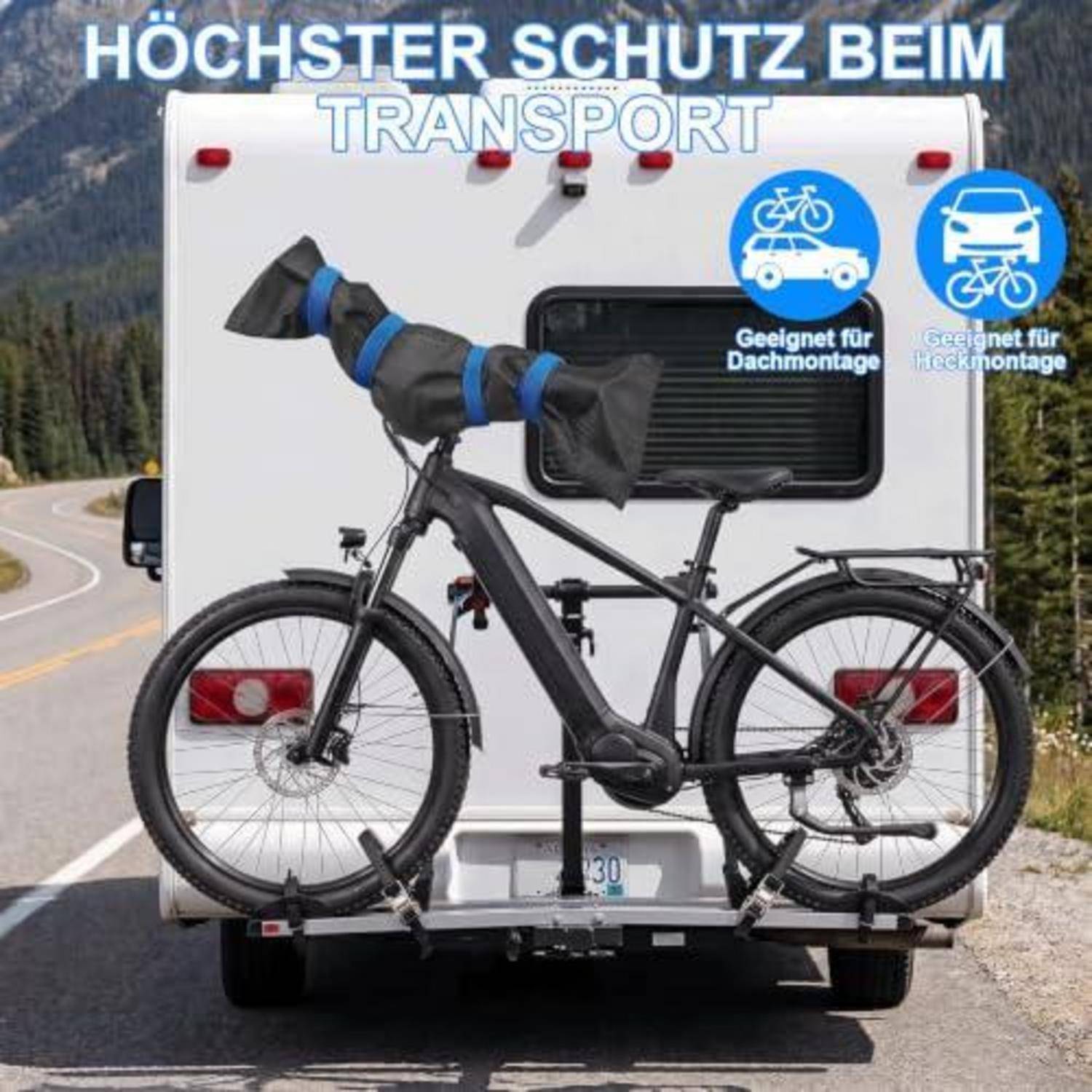 # Elektrisches Fahrrad montiert auf der Rückseite eines Wohnmobils, mit deutschem Text, der maximalen Transportschutz bewirbt und Symbole für Dach- und Heckmontage-Eignung.