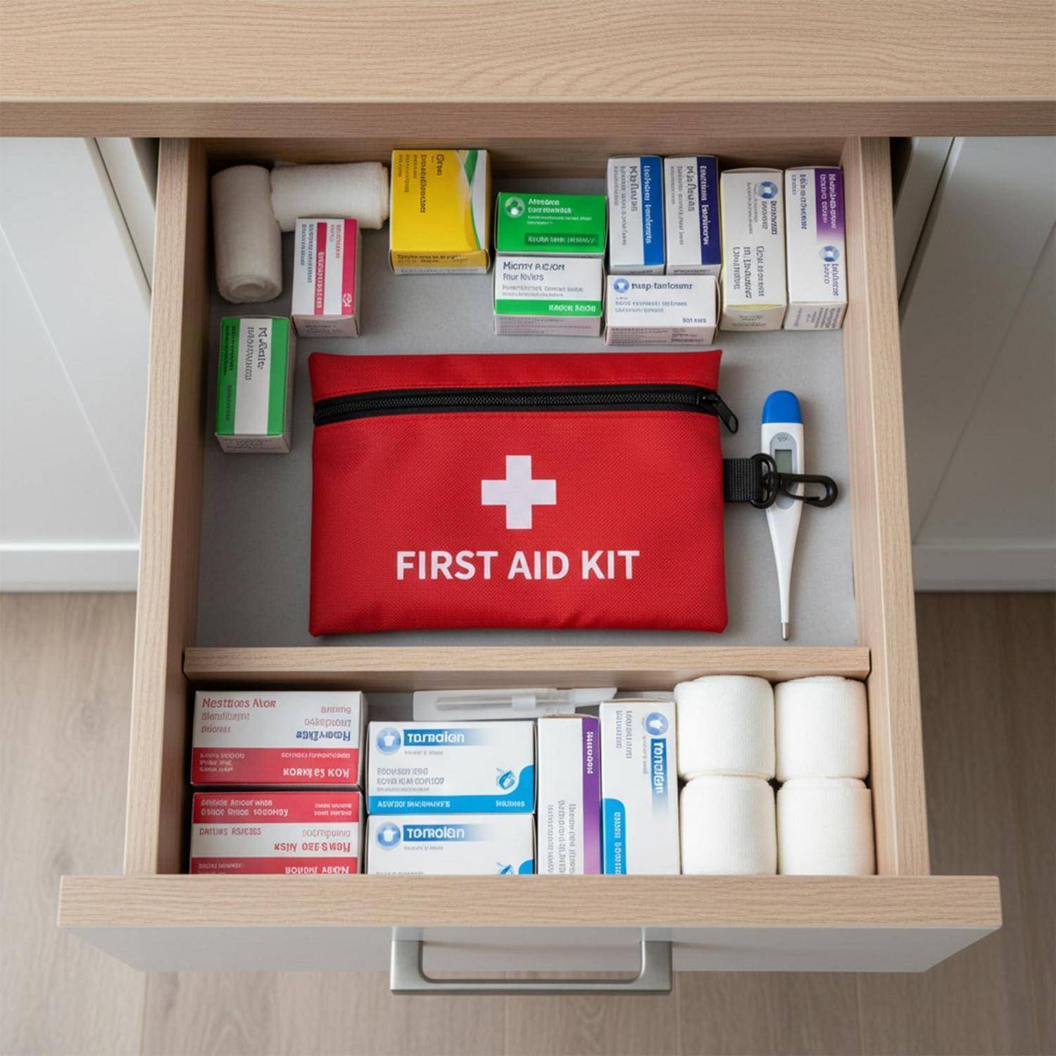 Schublade öffnen mit Erste-Hilfe-Tasche, Thermometer und verschiedenen Medikamentenboxen ordentlich organisiert im Inneren.