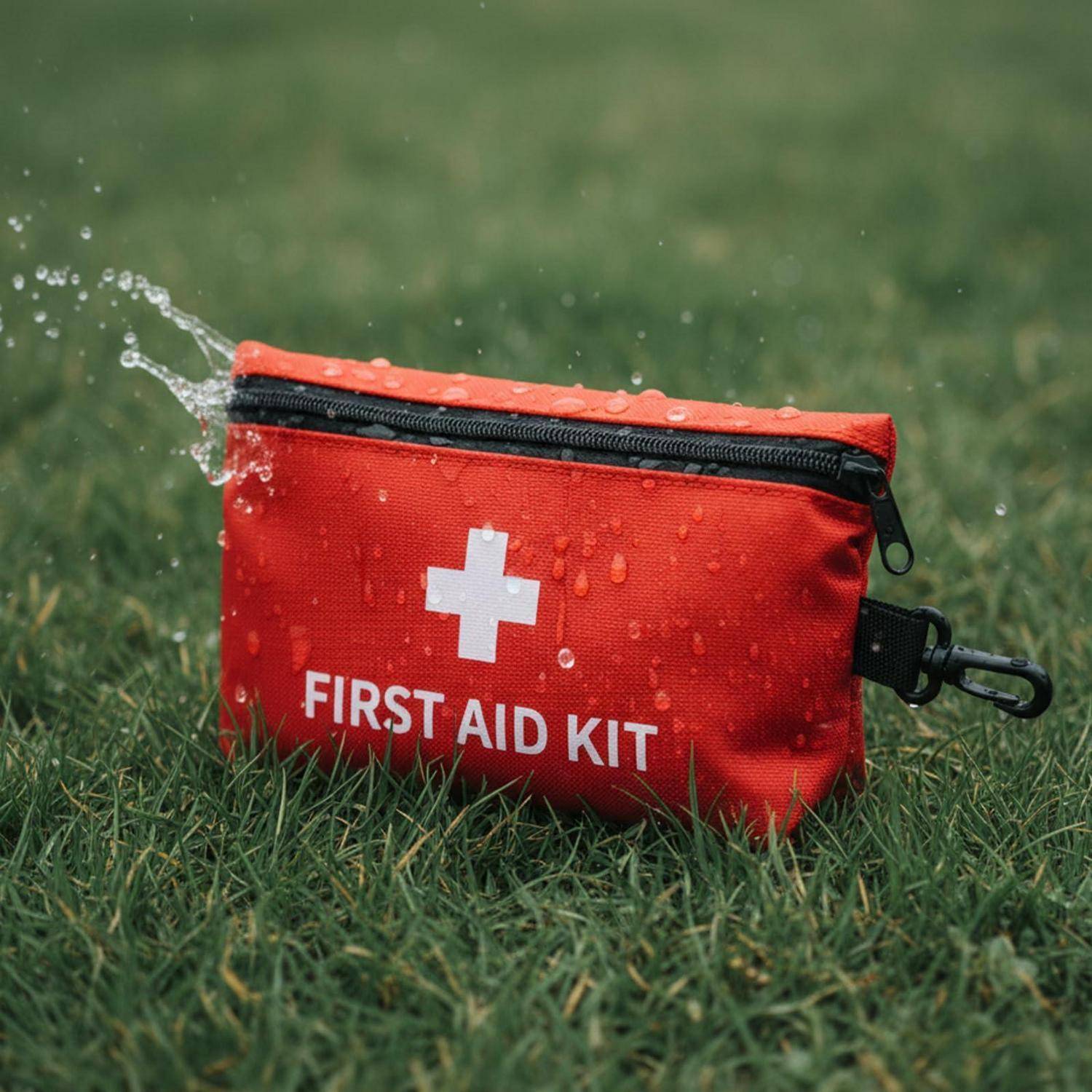 Roter Erste-Hilfe-Kasten auf Gras mit Wasser, das darauf spritzt, beschriftet mit "ERSTE-HILFE-KASTEN"" und einem weißen Kreuz.