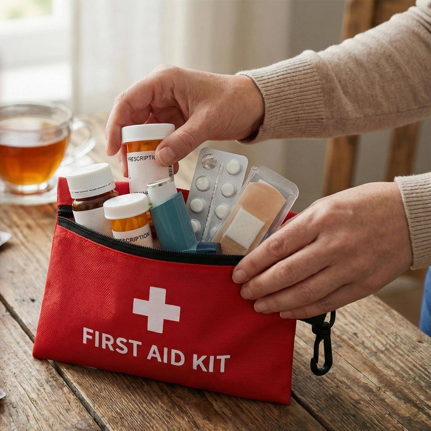 Person, die Verschreibungsflaschen, Blisterpackungen und Verbandsmaterial in eine rote 'ERSTE-HILFE-KASTEN'-Tasche auf einem Tisch packt.