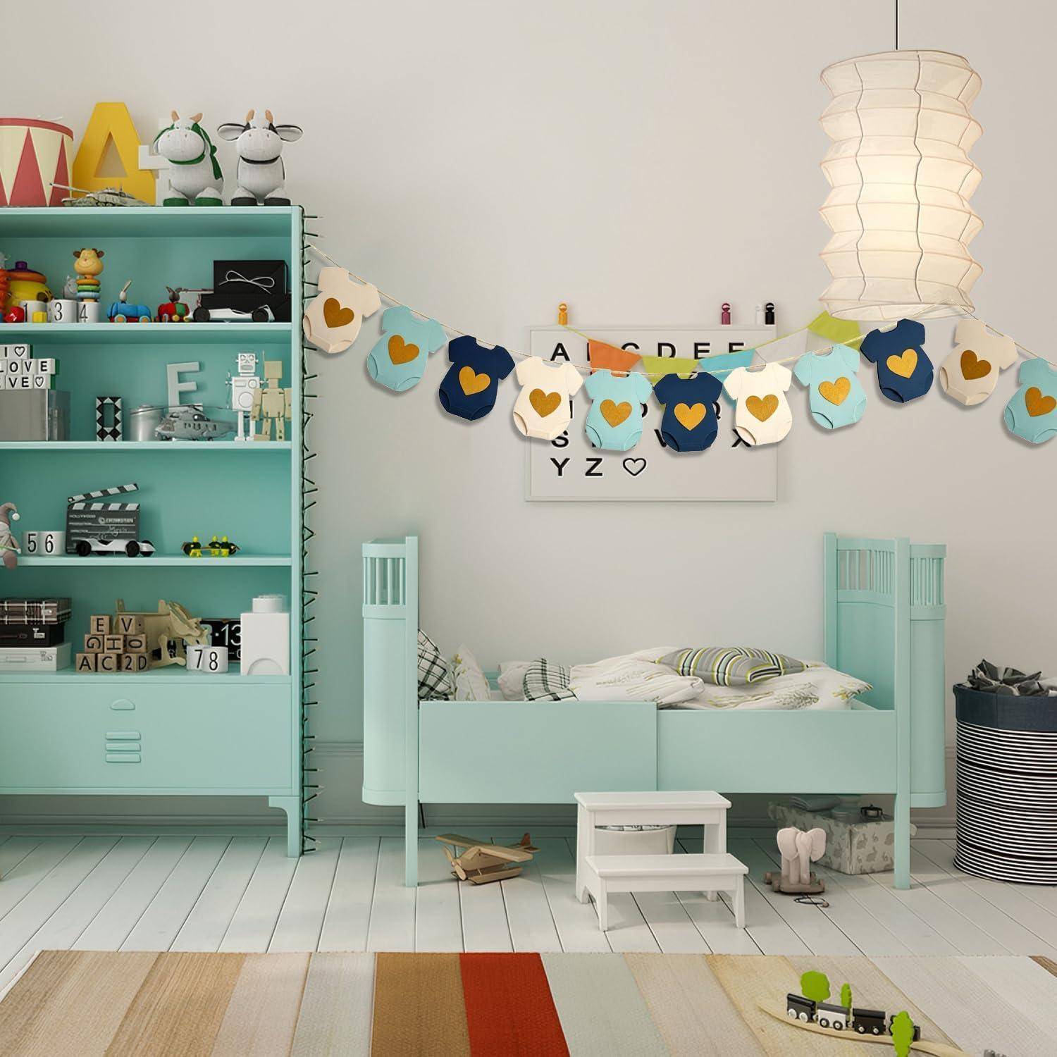 Babyparty Girlande Babybody Design Weiß Hellblau Dunkelblau Beige