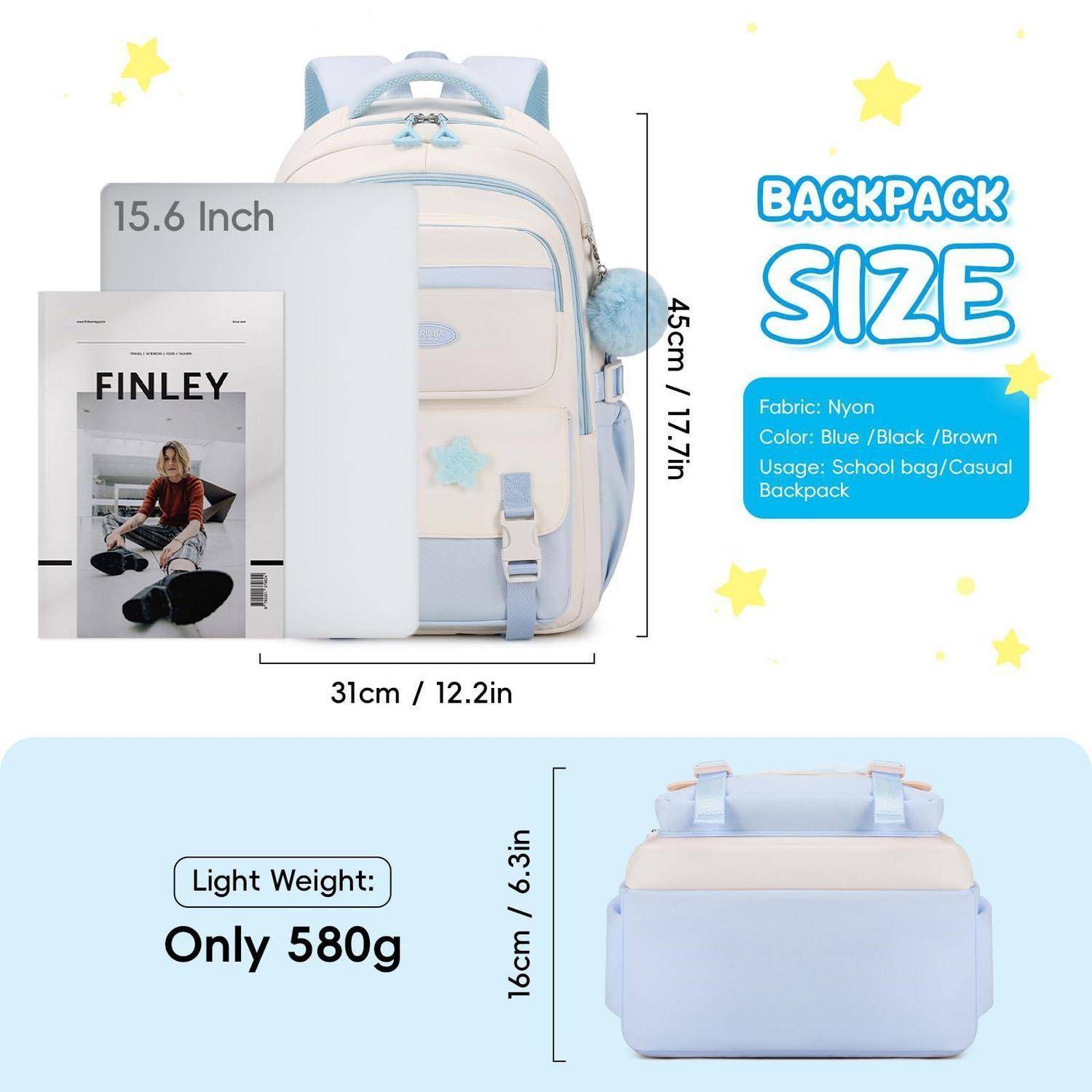 Amythe Schulrucksack Mädchen Blau Oxford-Gewebe 31x16x46cm