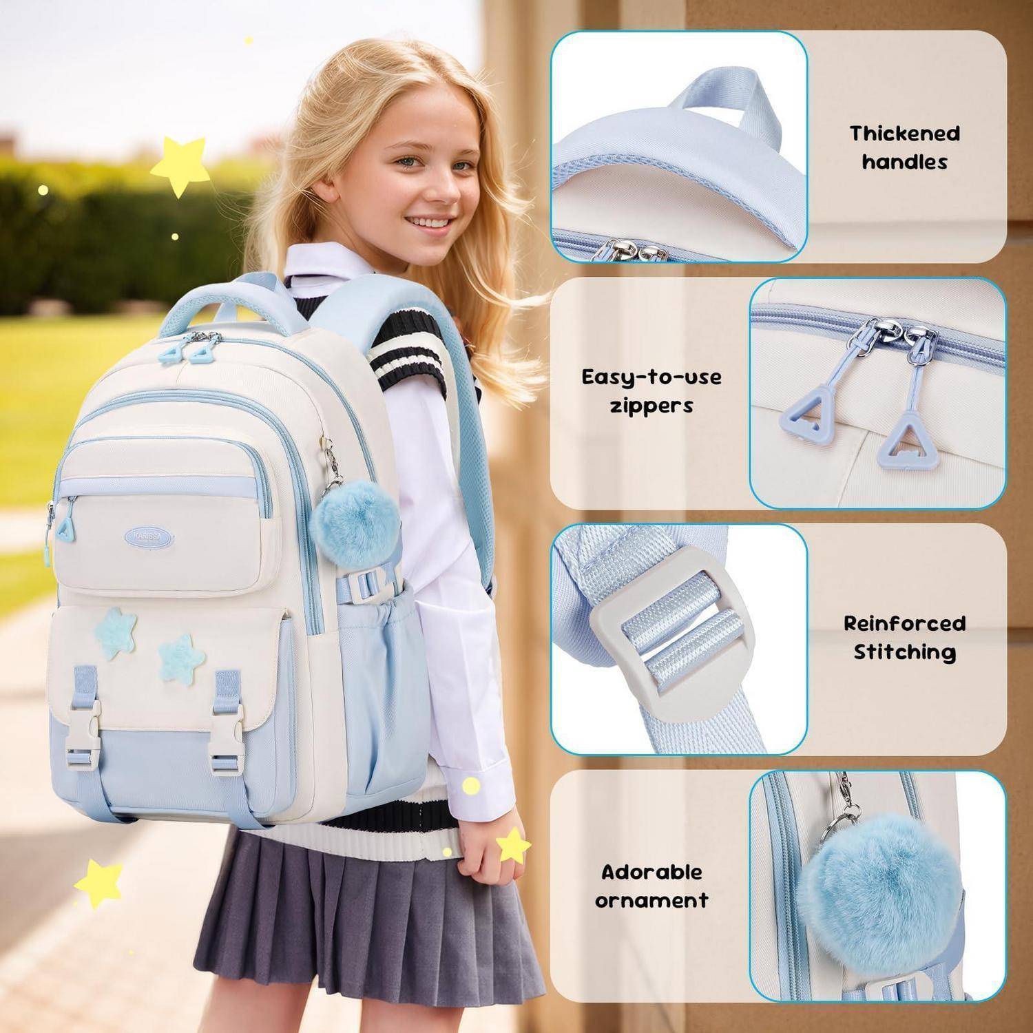 Amythe Schulrucksack Mädchen Blau Oxford-Gewebe 31x16x46cm